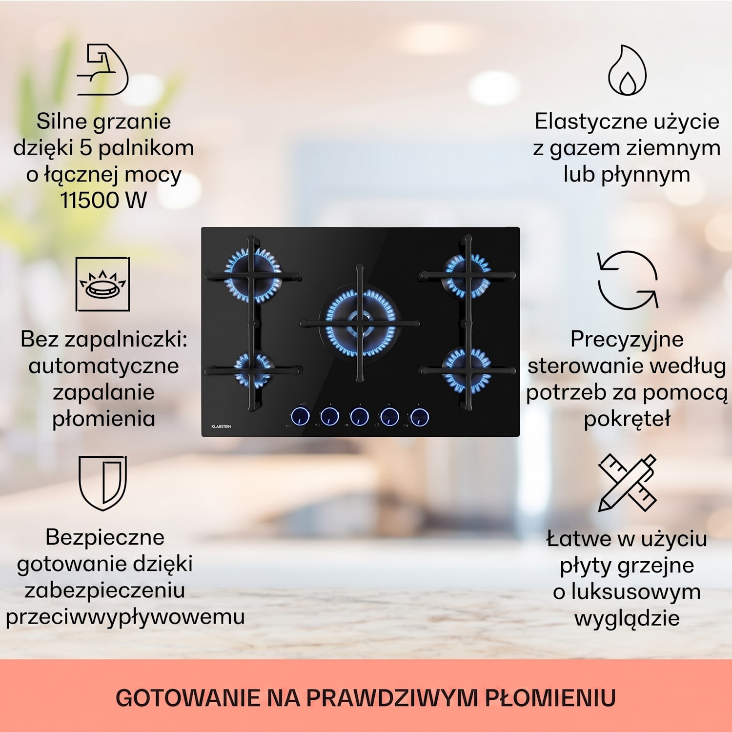 Illuminosa 5, płyta gazowa, 5 palników Sabaf, szkło ceramiczne 75 cm | Szkło | Czarny