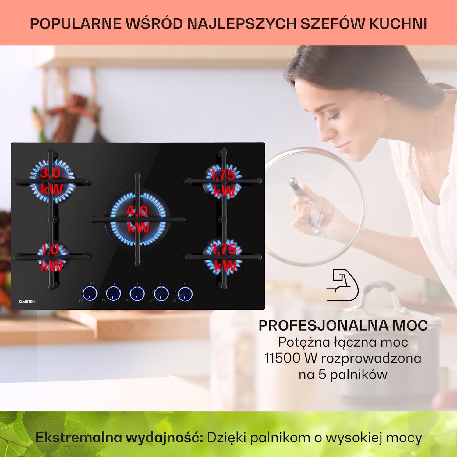 Illuminosa 5, płyta gazowa, 5 palników Sabaf, szkło ceramiczne 75 cm | Szkło | Czarny