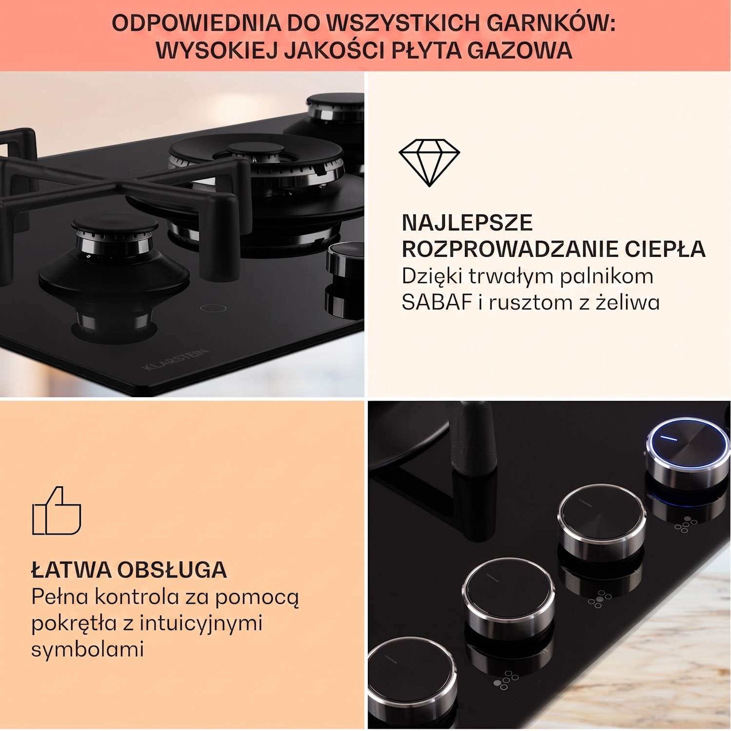 Illuminosa 5, płyta gazowa, 5 palników Sabaf, szkło ceramiczne 75 cm | Szkło | Czarny