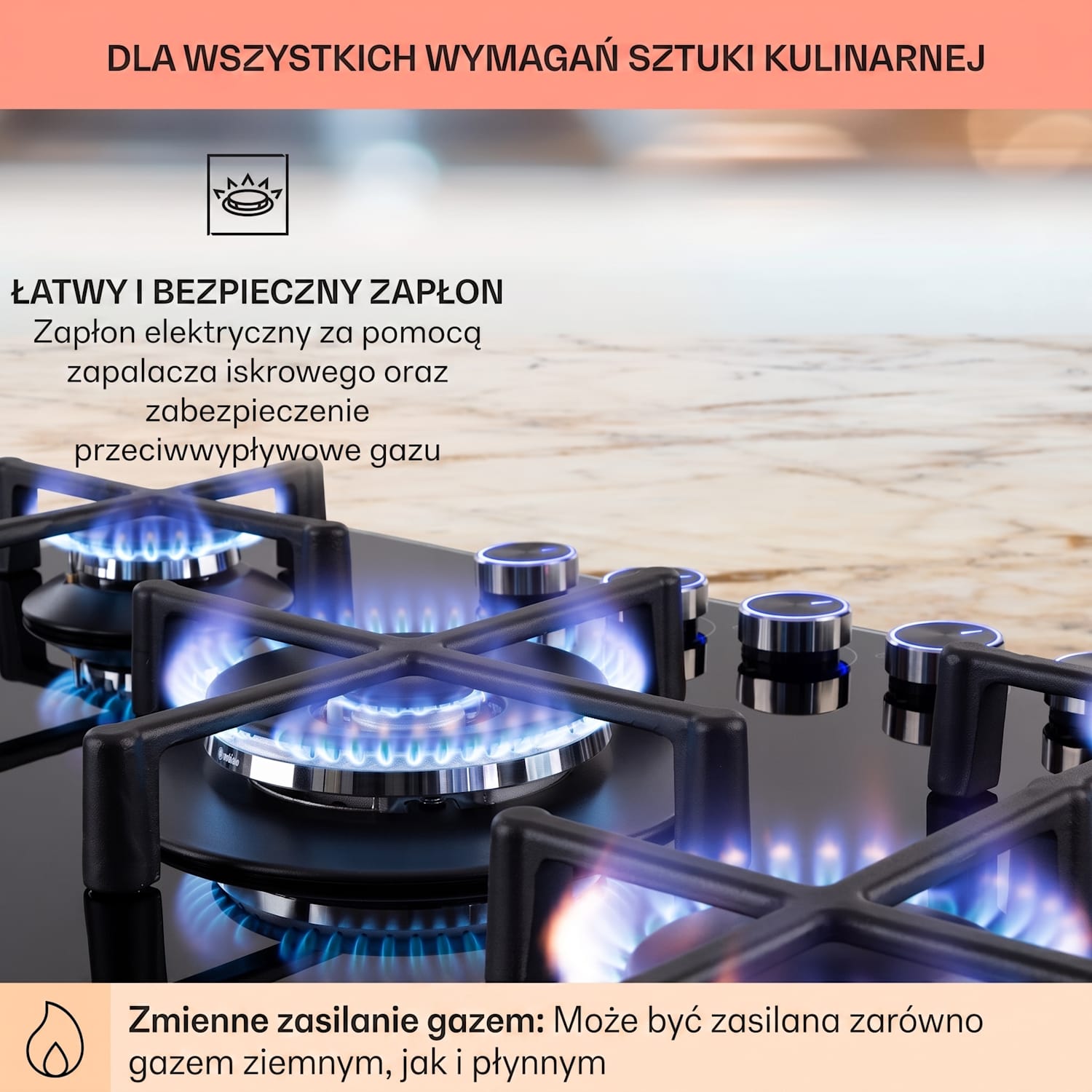 Illuminosa 5, płyta gazowa, 5 palników Sabaf, szkło ceramiczne 75 cm | Szkło | Czarny