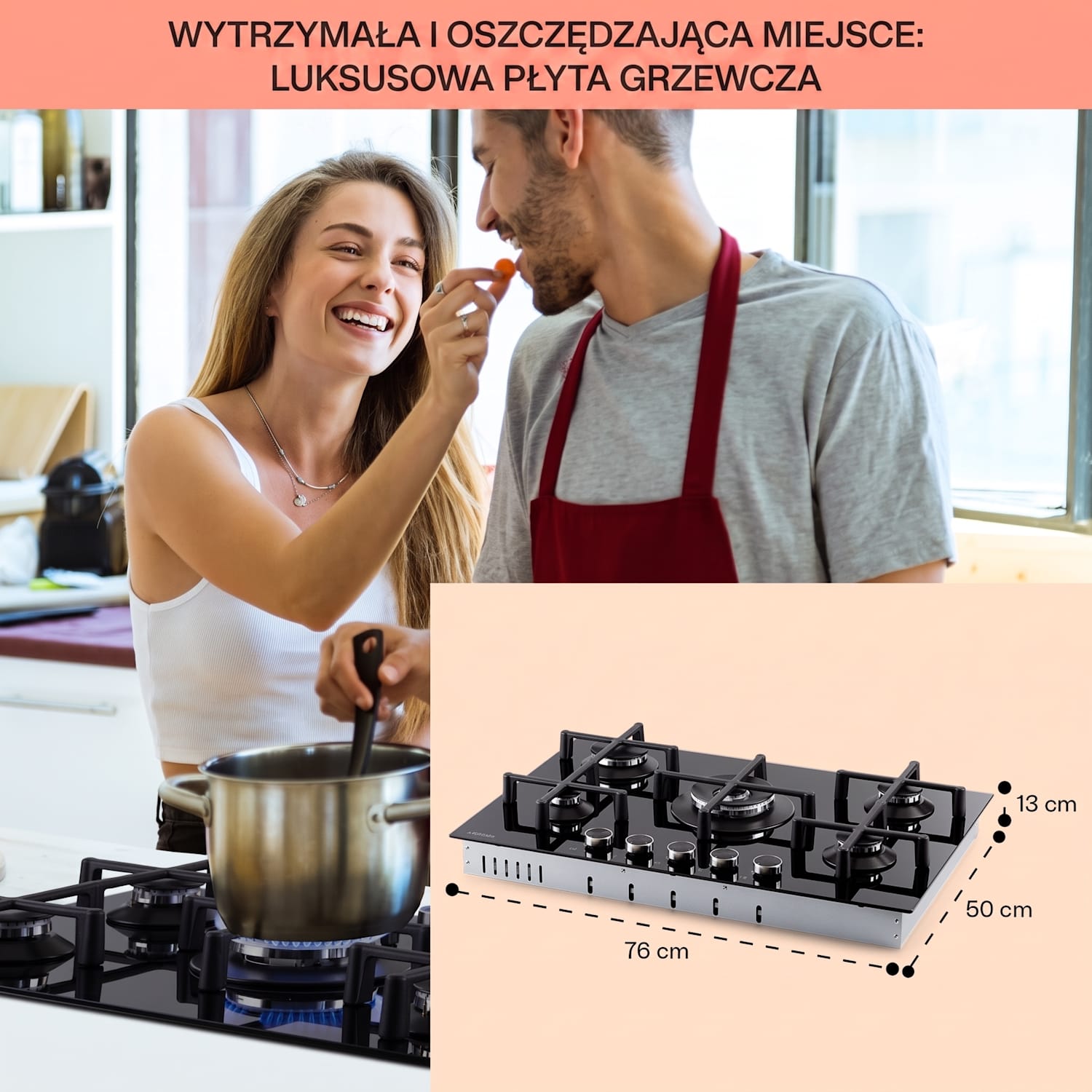 Illuminosa 5, płyta gazowa, 5 palników Sabaf, szkło ceramiczne 75 cm | Szkło | Czarny