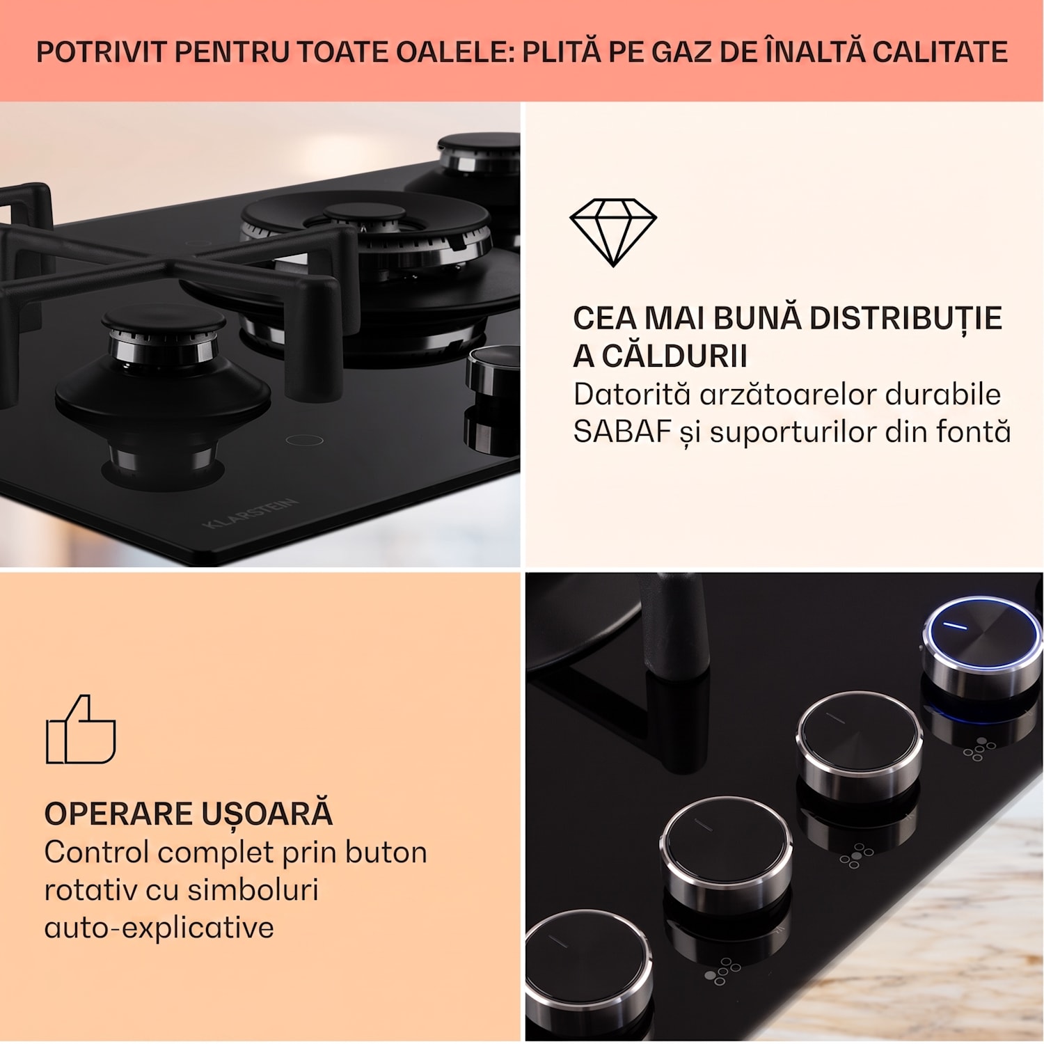 Illuminosa 5, plită pe gaz, 5 arzătoare Sabaf, sticlă ceramică, neagră 75 cm | Sticlă | Negru