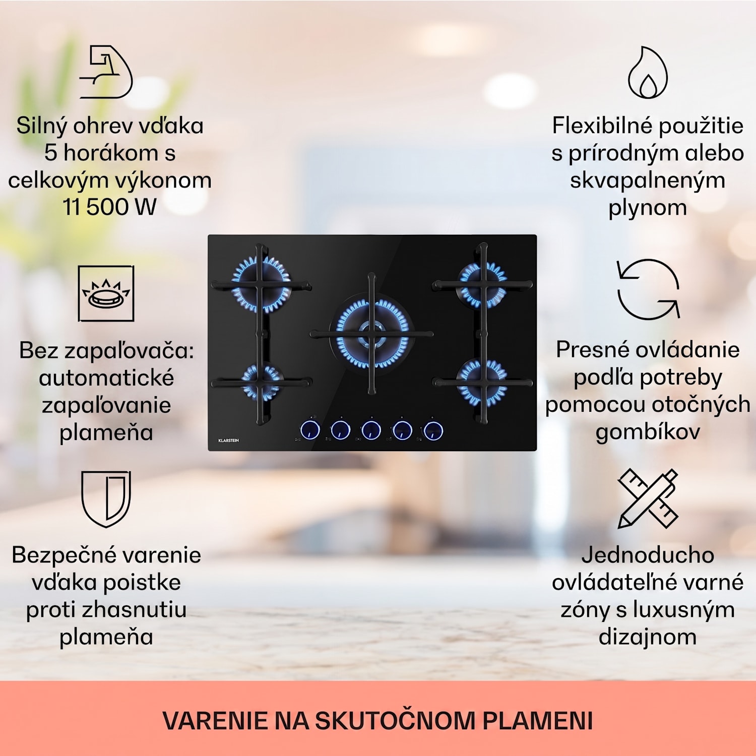 Illuminosa 5, plynová varná doska, 5 Sabaf horákov, sklokeramika, čierna 75 cm | Sklo | Čierna
