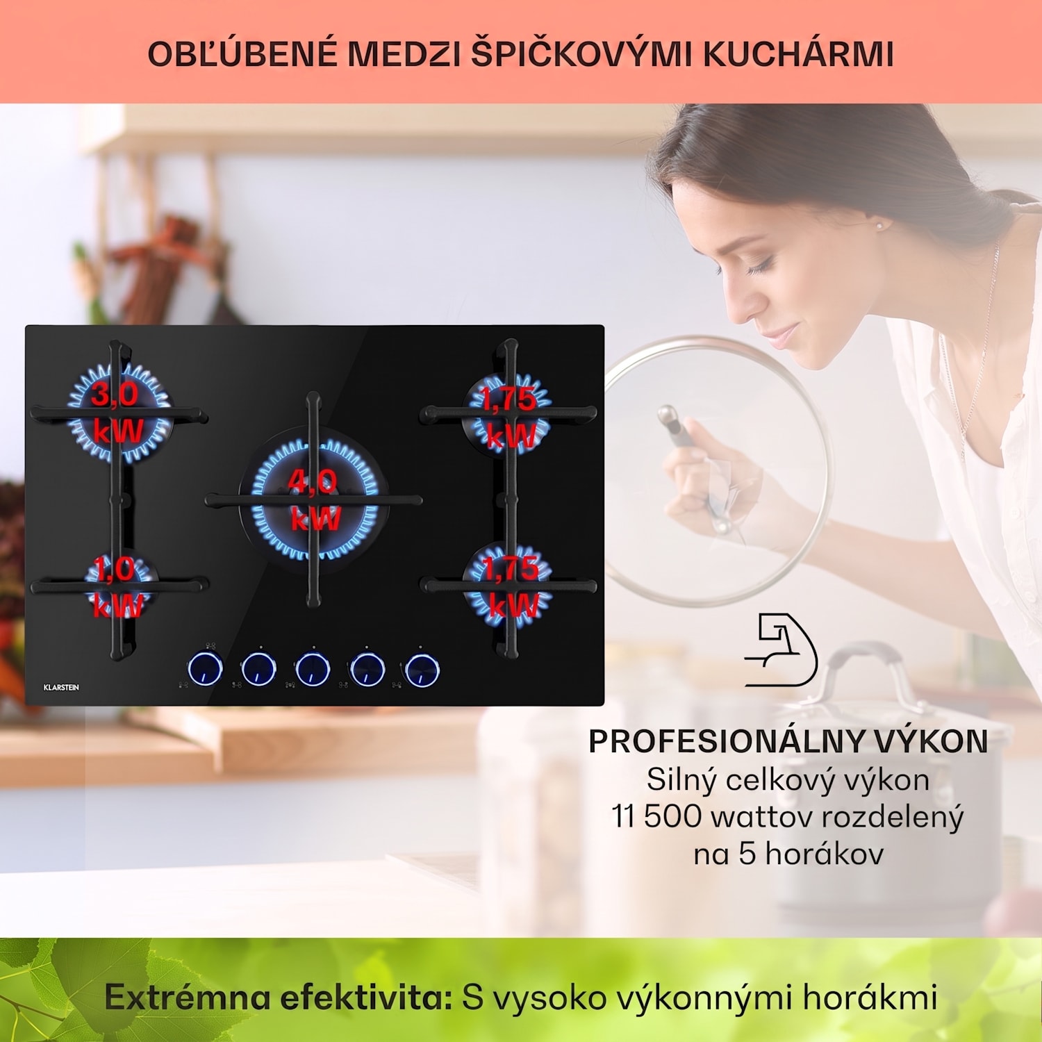 Illuminosa 5, plynová varná doska, 5 Sabaf horákov, sklokeramika, čierna 75 cm | Sklo | Čierna