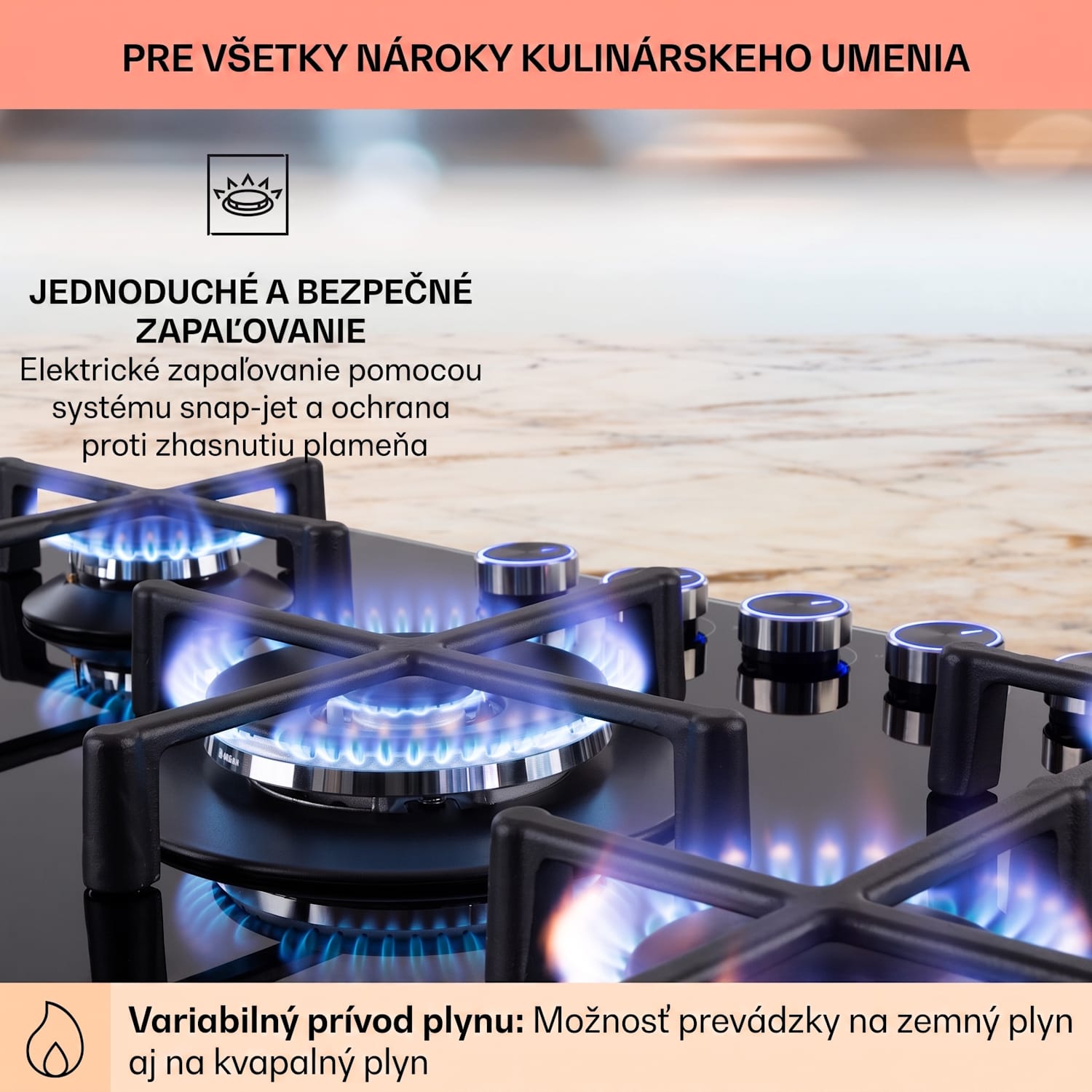 Illuminosa 5, plynová varná doska, 5 Sabaf horákov, sklokeramika, čierna 75 cm | Sklo | Čierna