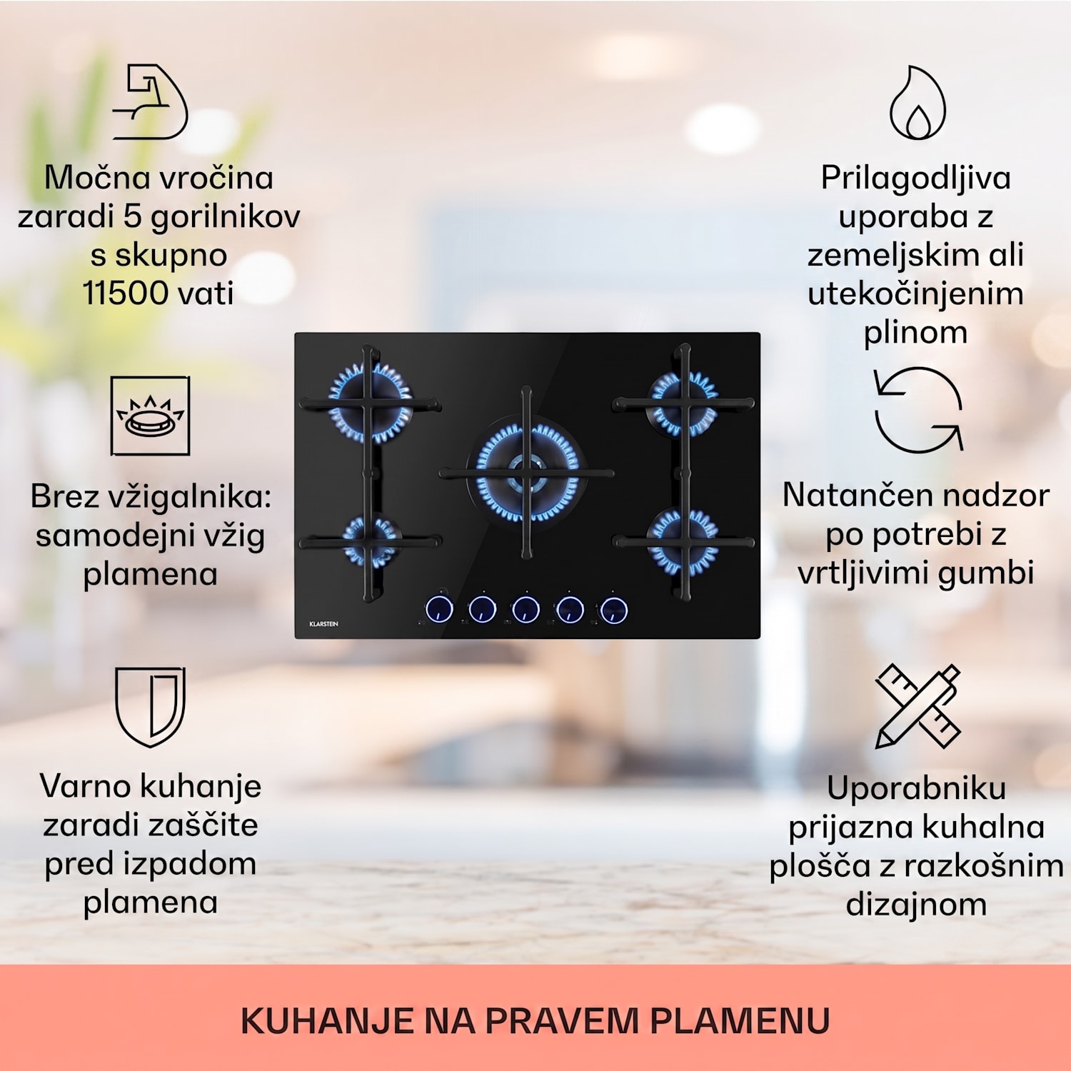 Illuminosa 5, plinska kuhalna plošča, 5 gorilnikov Sabaf, steklokeramika, črna 75 cm | Steklo | Črna
