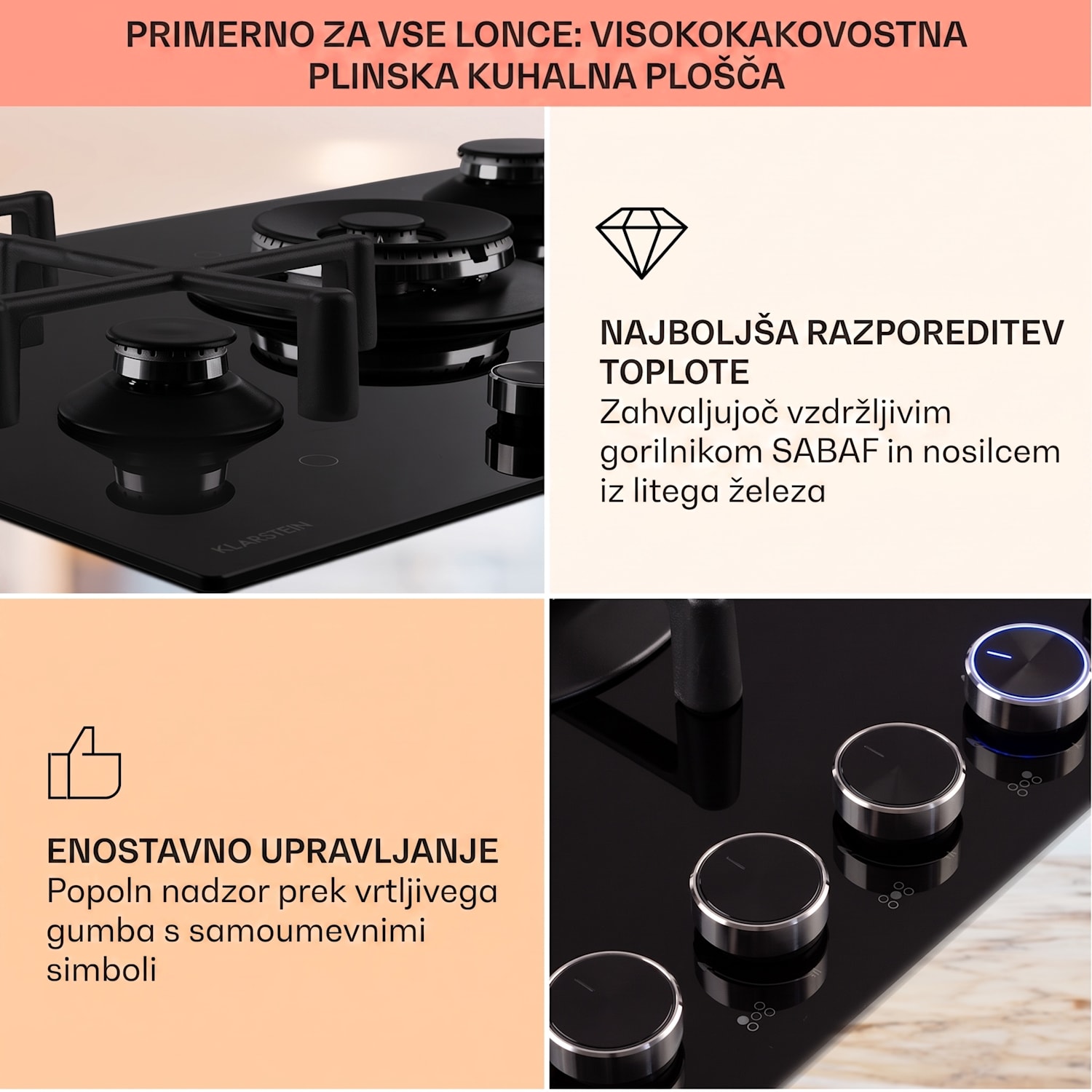 Illuminosa 5, plinska kuhalna plošča, 5 gorilnikov Sabaf, steklokeramika, črna 75 cm | Steklo | Črna