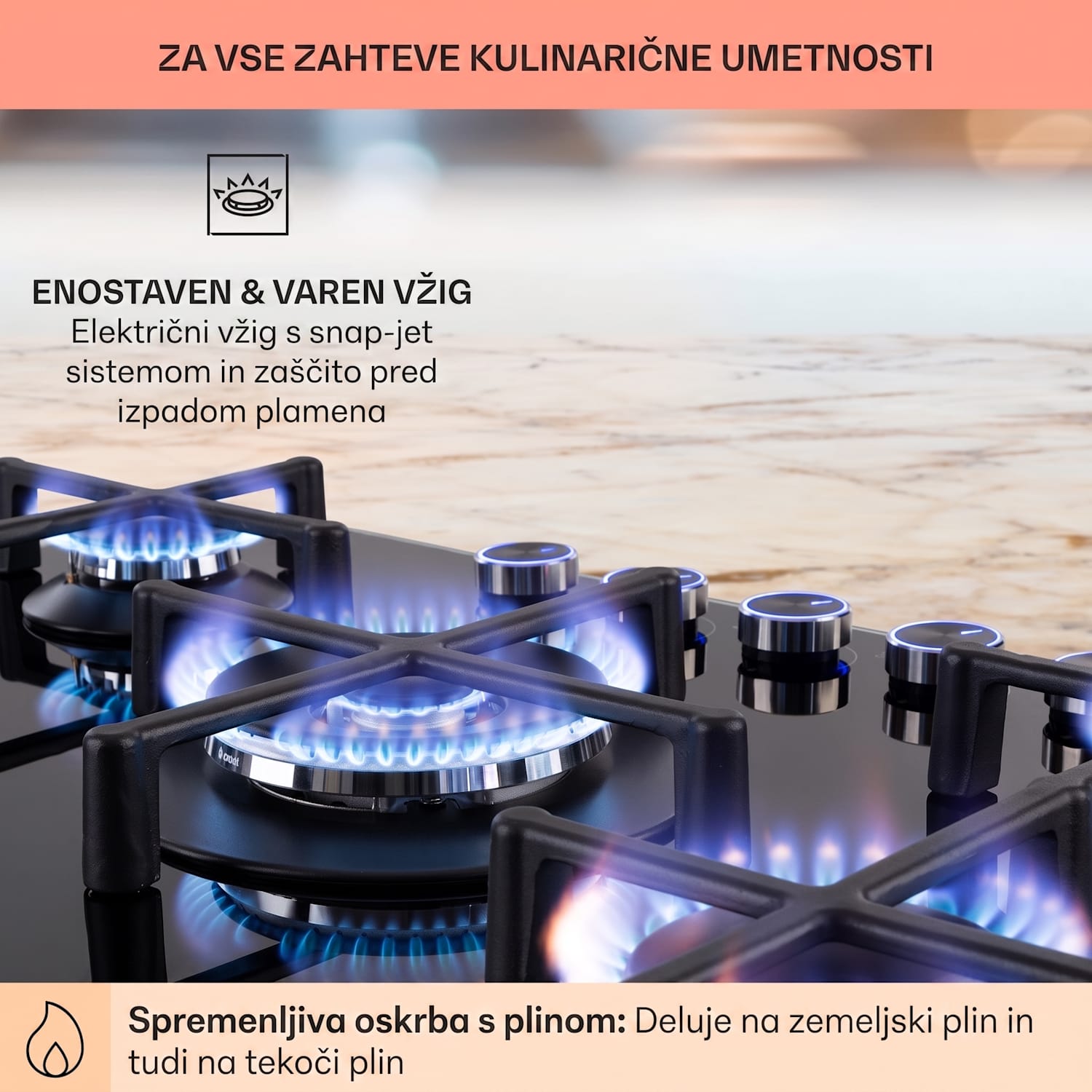 Illuminosa 5, plinska kuhalna plošča, 5 gorilnikov Sabaf, steklokeramika, črna 75 cm | Steklo | Črna