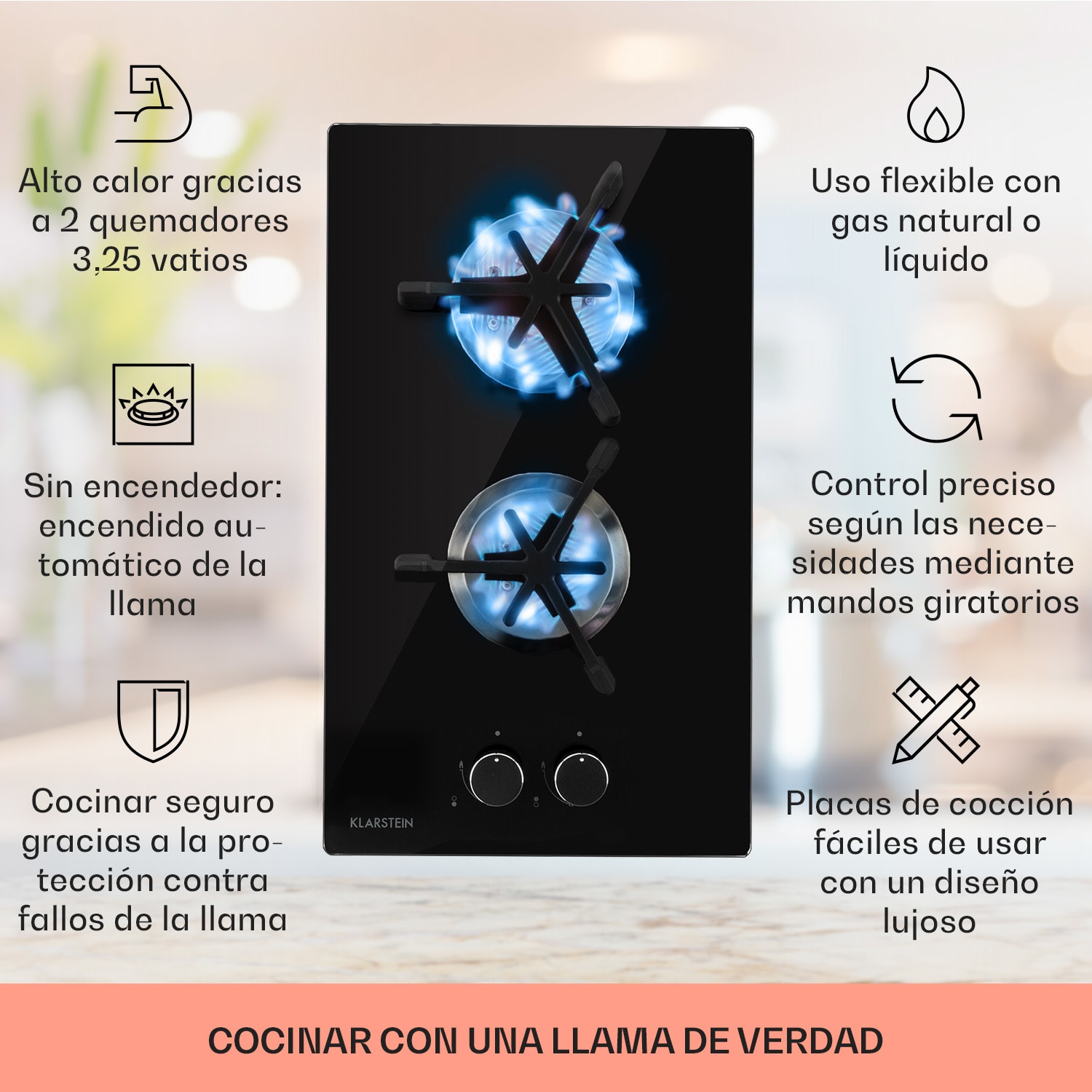 Trifecta Domino Cocina a gas 2 quemadores triangulares vitrocerámica 