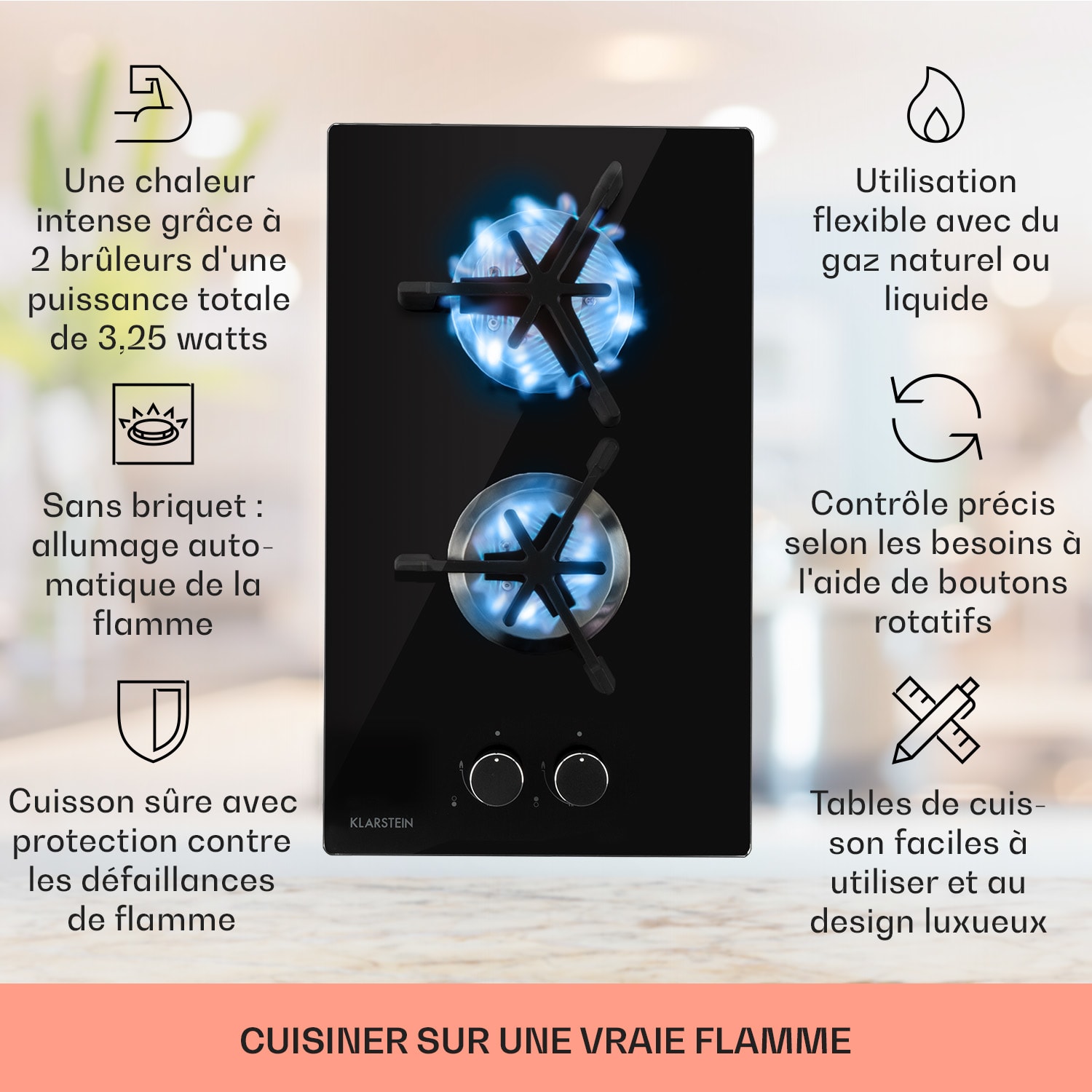 Trifecta Domino gaskookplaat 2-pits triangel-branders glaskeramiek 2 | Zwart