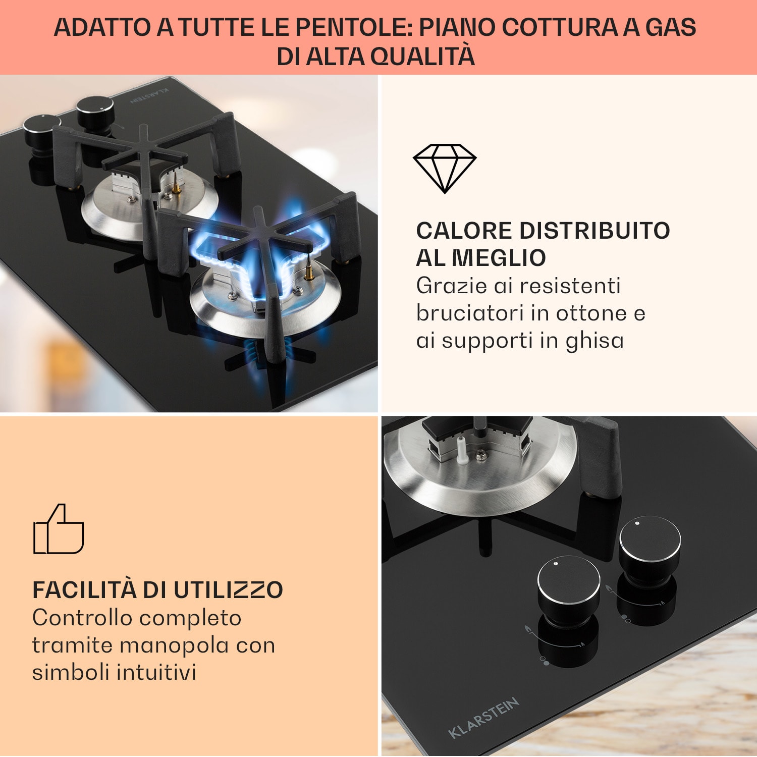 Trifecta Domino, piano cottura a gas a 2 fuochi, bruciatore Triangle, vetroceramica 2 | Nero