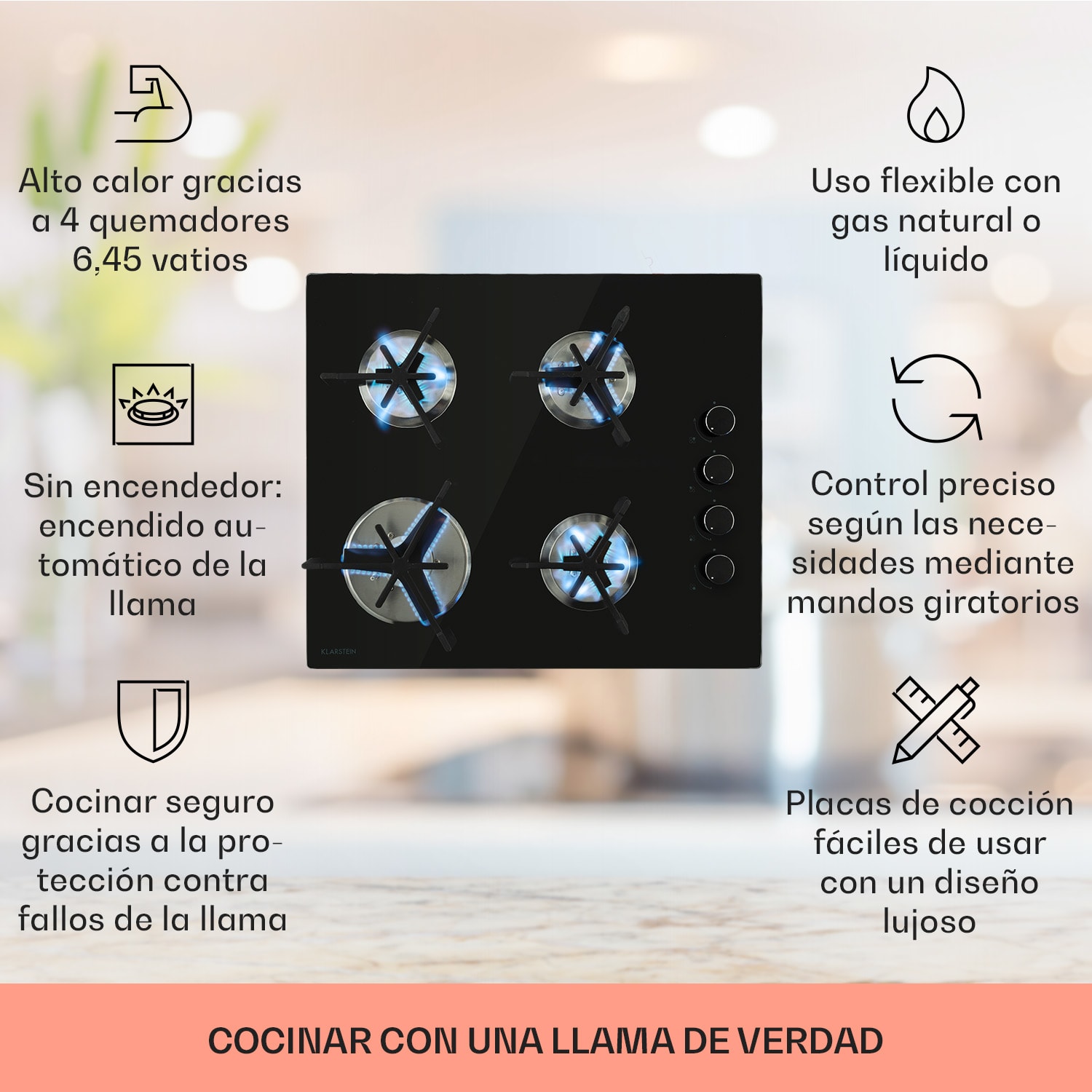 Trifecta 4 Cocina a gas 4 quemadores triangulares vitrocerámica color negro 4 | Negro