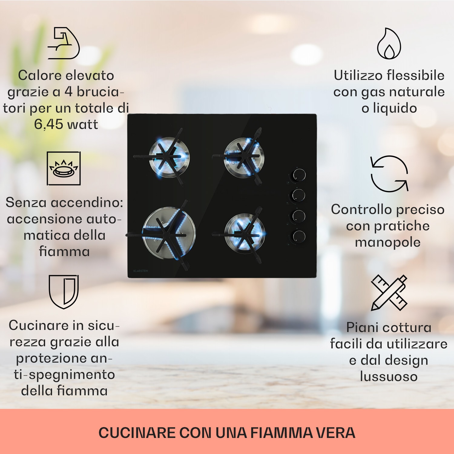 Trifecta 4, piano cottura a gas a 4 fuochi, bruciatore Triangle, vetroceramica, nero 4 | Nero