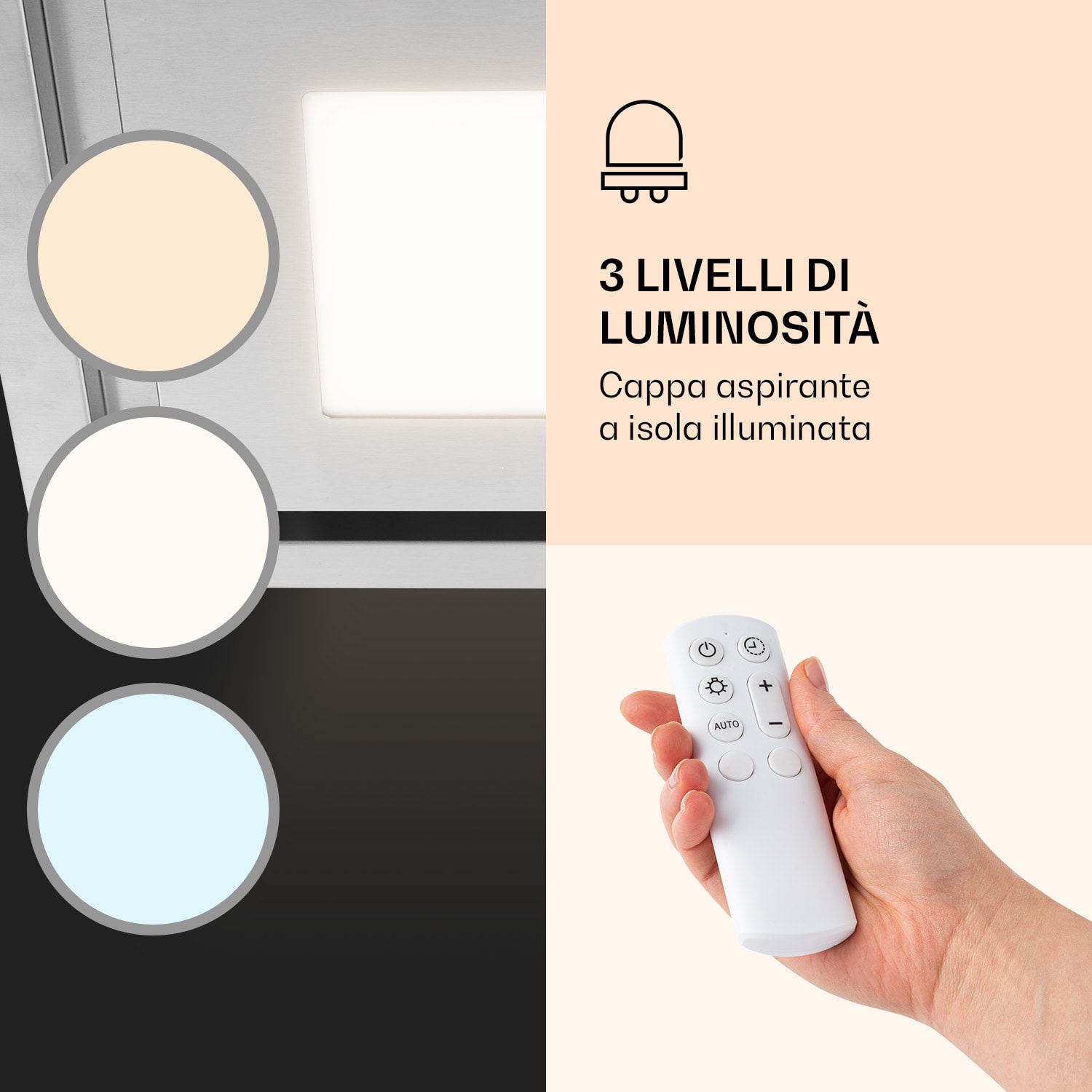 Remy Brilliant Edition- Cappa a isola, 90 cm, 609 m³/h, classe energetica A, LED, vetro 