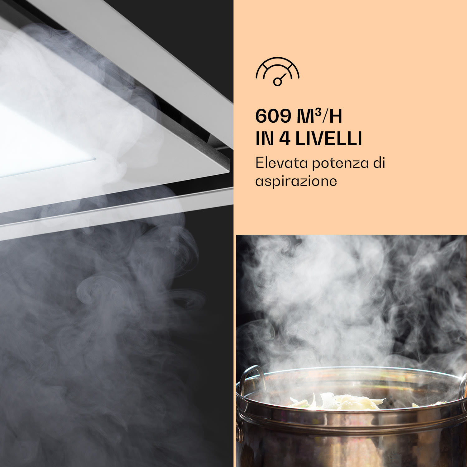 Remy Brilliant Edition- Cappa a isola, 90 cm, 609 m³/h, classe energetica A, LED, vetro 