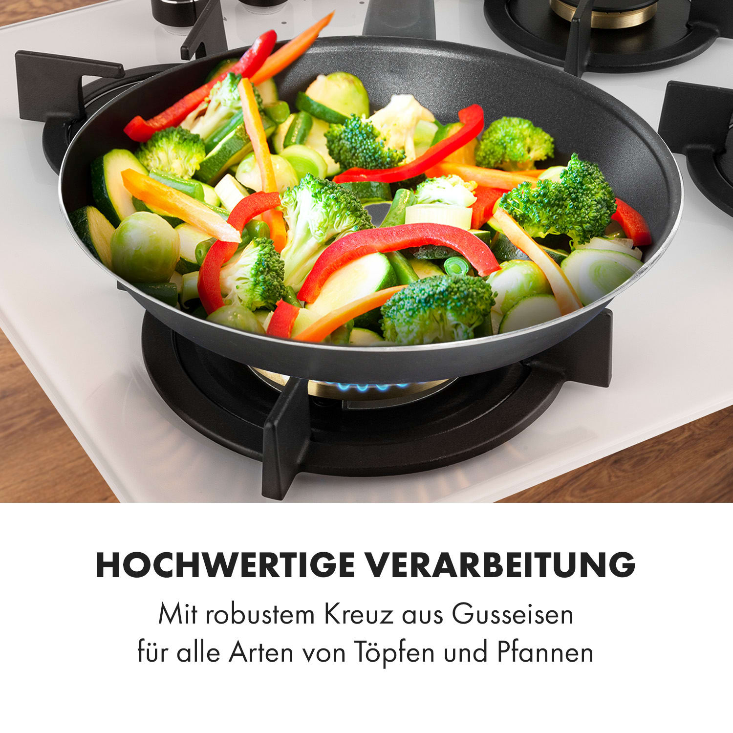 Goldflame 4, piano cottura a gas a 4 fuochi, bruciatori d'ottone, vetroceramica 60 cm | 4 bruciatori | Bianco