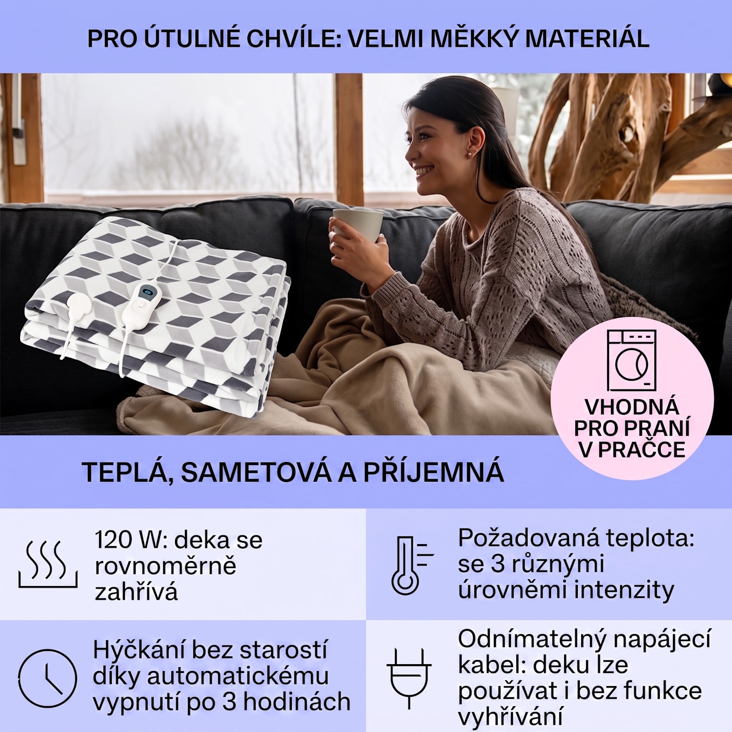 Dr. Watson XXL, výhřevná deka, 120 W, 200 x 180 cm, coral fleece, zelená, kostka Multi | XXL