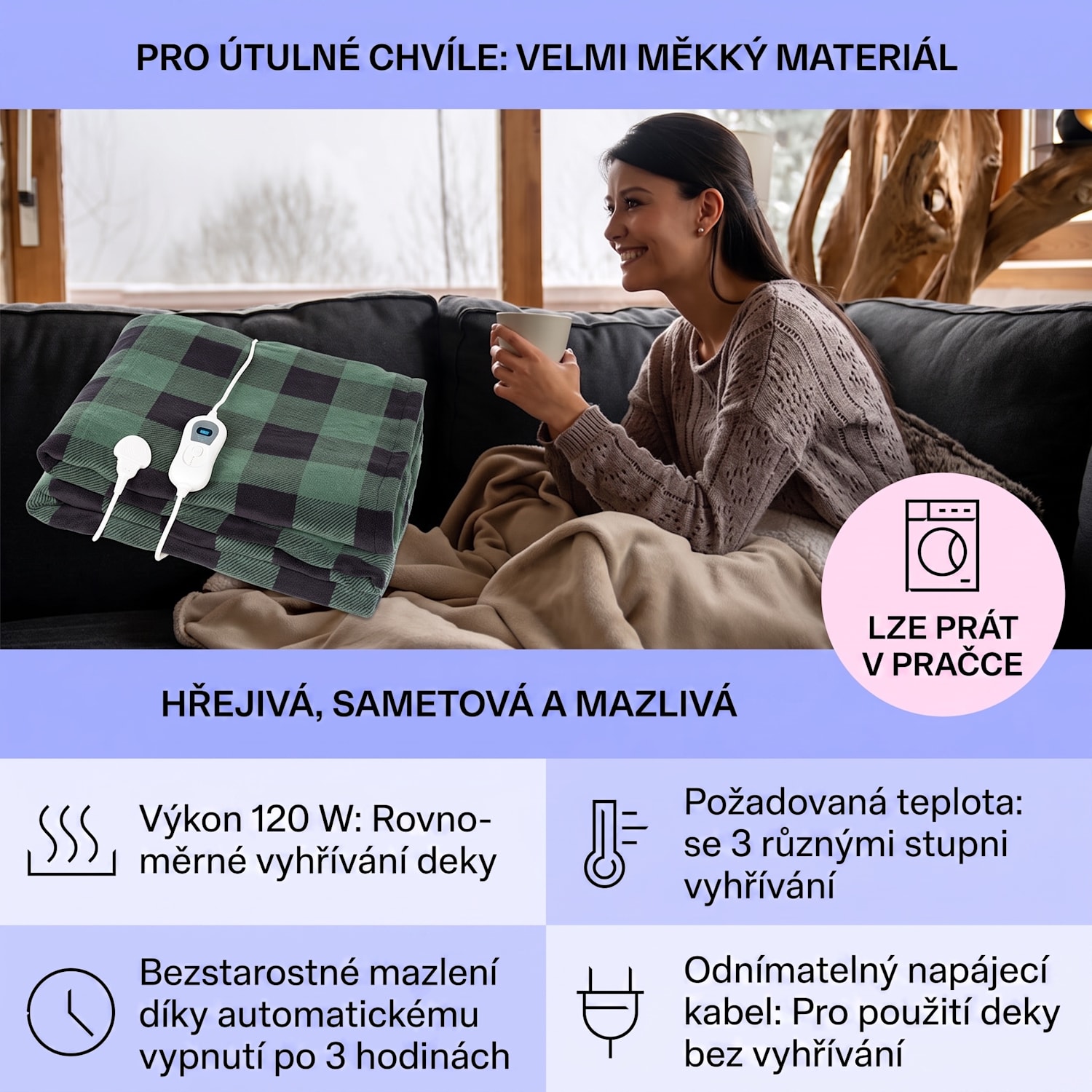 Dr. Watson XXL, výhřevná deka, 120 W, 200 x 180 cm, coral fleece, zelená, kostka Multi | XXL