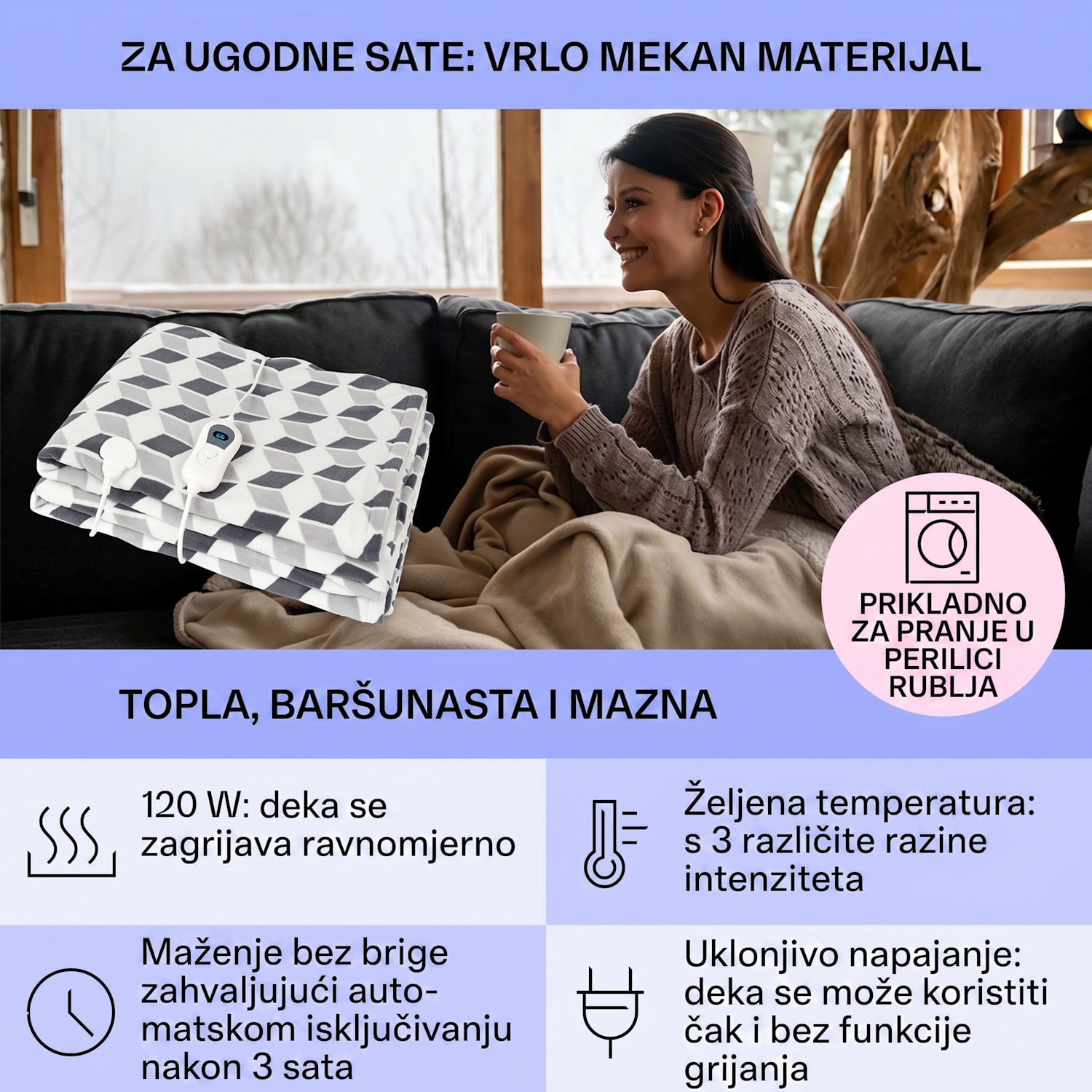 Dr. Watson XXL, električna grijaća deka, 120 W, 200 x 180 cm, koraljno runo, zelena, četvrtasta Multi | XXL