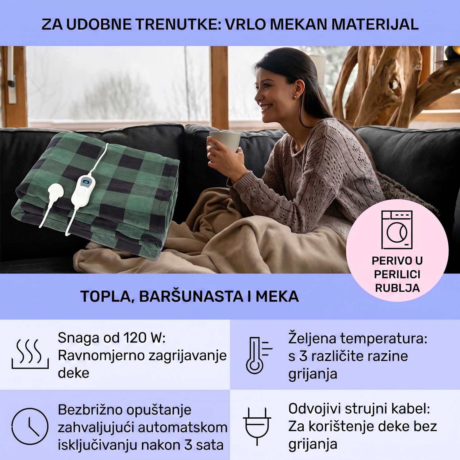 Dr. Watson XXL, električna grijaća deka, 120 W, 200 x 180 cm, koraljno runo, zelena, četvrtasta Multi | XXL