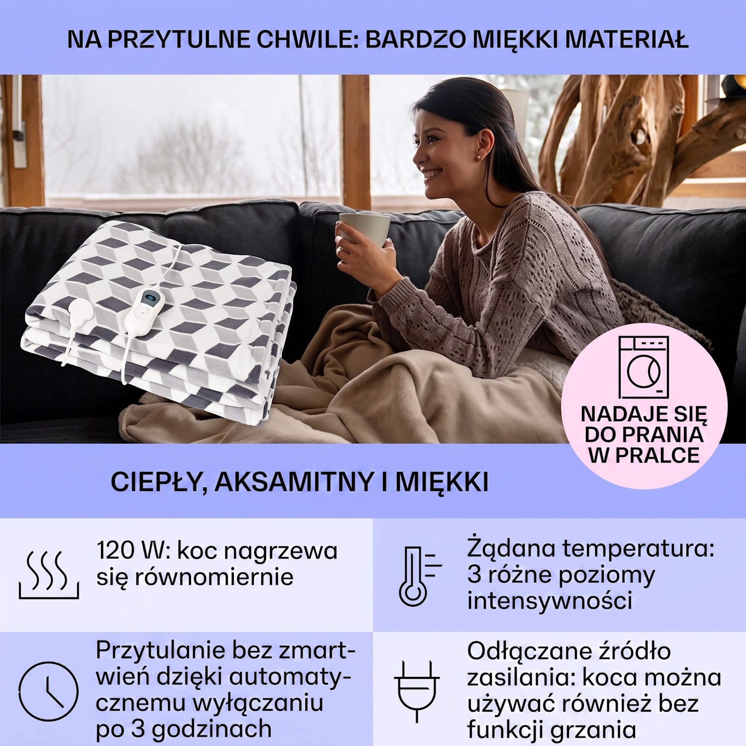 Dr. Watson XXL, koc elektryczny, 120 W, 200 x 180 cm, miękki polar, motyw rombów, szary Multi | XXL