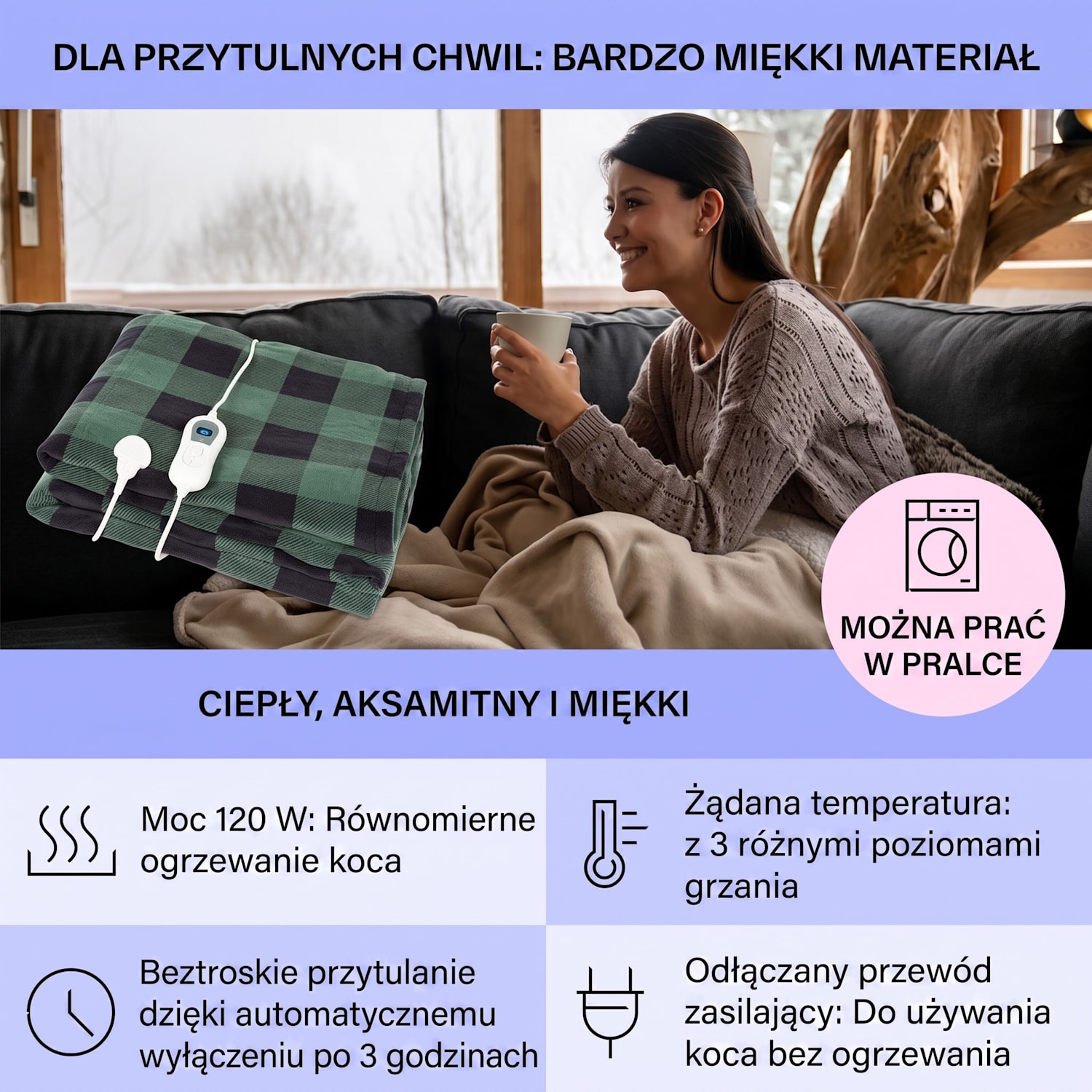 Dr. Watson XXL, koc elektryczny, 120 W, 200 x 180 cm, miękki polar, motyw rombów, szary Multi | XXL