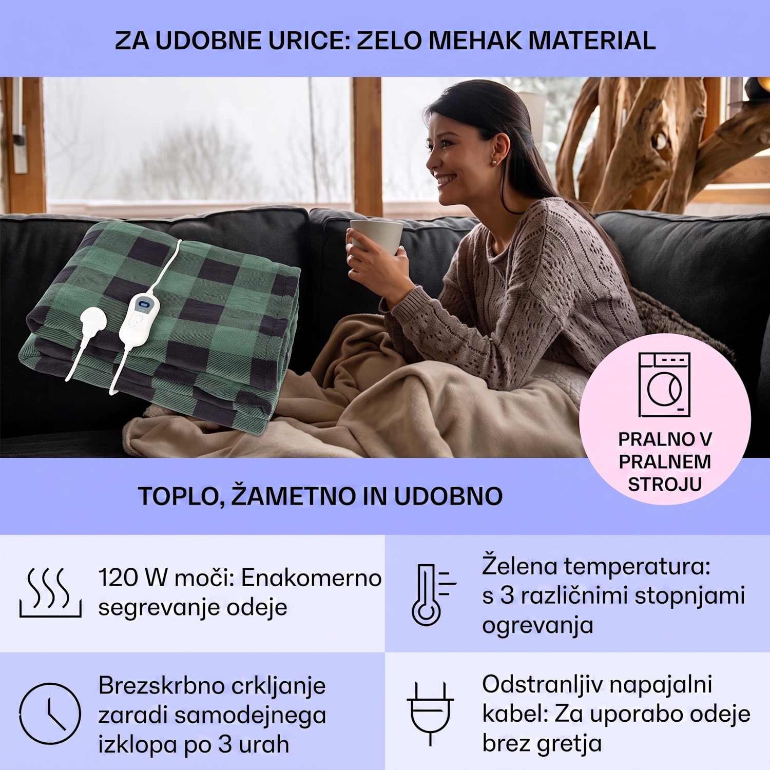 Dr. Watson XXL, grelna odeja, 120 W, 200 x 180 cm, coral fleece, zelena, kvadrati Večbarvna | XXL