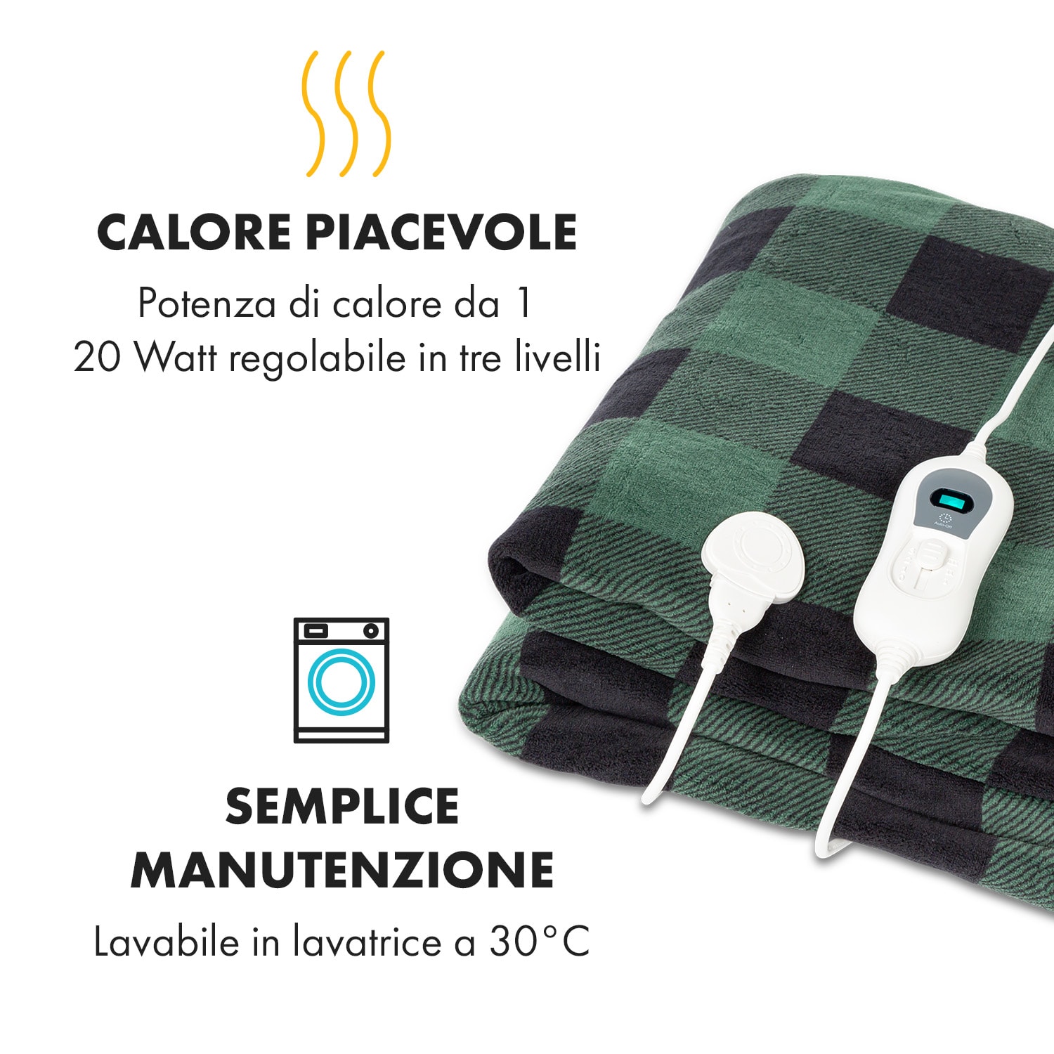 Dr. Watson XXL - Termocoperta, 3 livelli di potenza, lavabile, 200 x 180 cm, micro peluche Verde A Fantasia | XXL