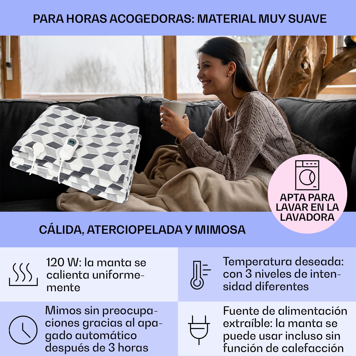 Dr. Watson XXL Manta eléctrica 3 niveles de potencia Lavable 200x180 cm Microfelpa Verde Estampado | XXL