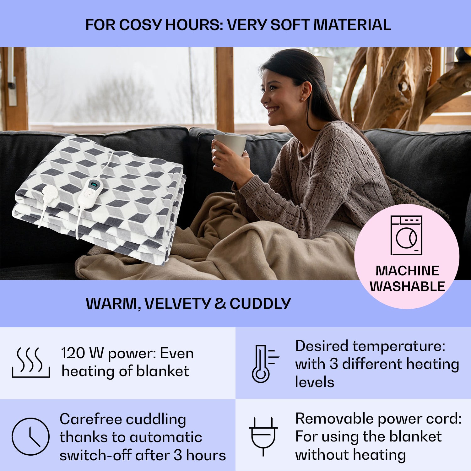 Dr. Watson XXL, grelna odeja, 120 W, 200 x 180 cm, coral fleece, siva, kocke Green Patterned | XXL