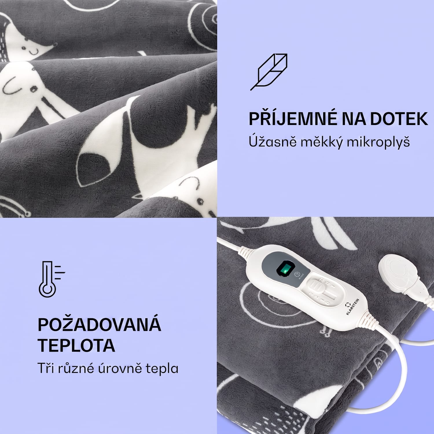 Dr. Watson XXL, výhřevná deka, 120 W, 200 x 180 cm, coral fleece, antracitová, zvířecí motiv Anthracite Patterned | XXL