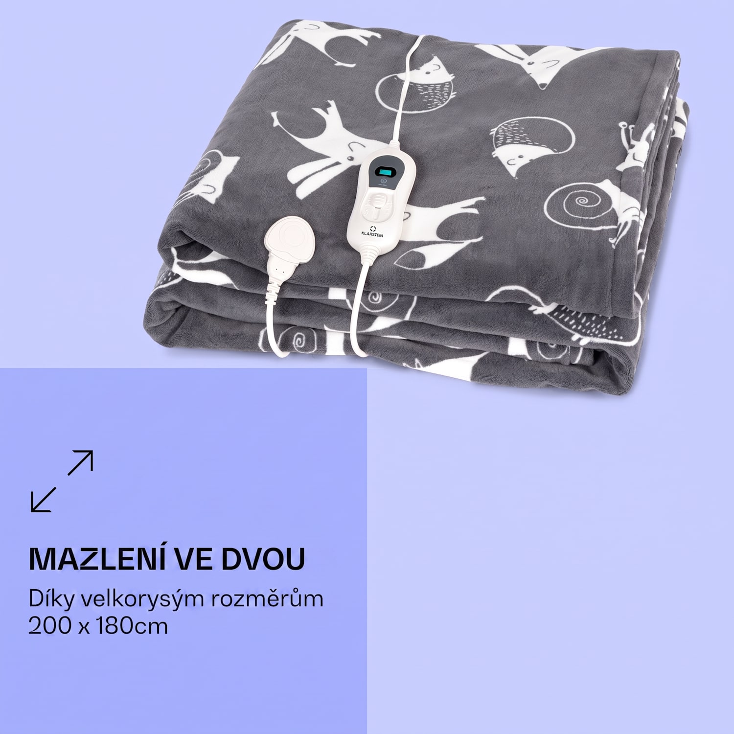 Dr. Watson XXL, výhřevná deka, 120 W, 200 x 180 cm, coral fleece, antracitová, zvířecí motiv Anthracite Patterned | XXL