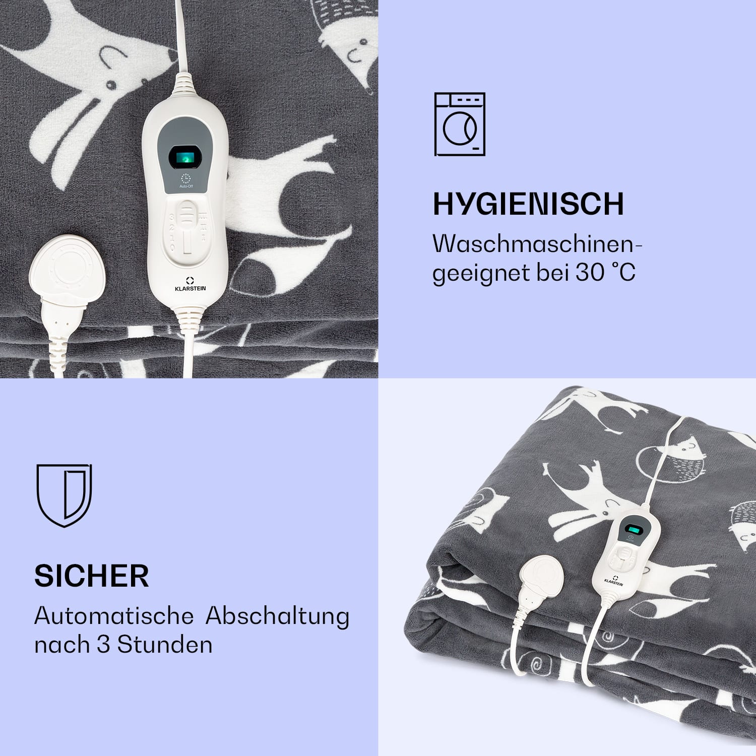 Dr. Watson XXL Heizdecke 3 Stufen waschbar 200x180cm Coral Fleece Anthrazit gemustert | XXL