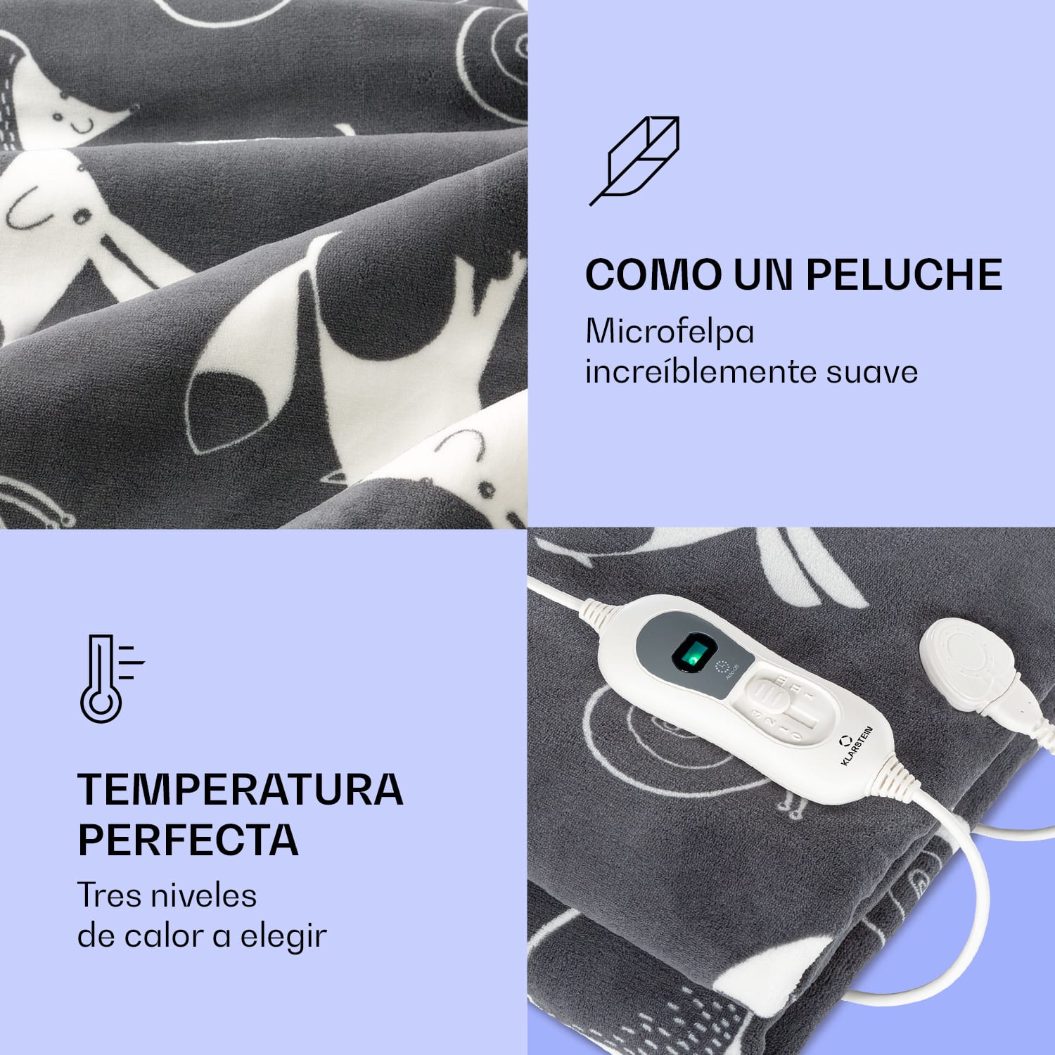 Dr. Watson XXL Manta eléctrica 3 niveles de potencia Lavable 200x180 cm Coralina Antracita Estampado | XXL