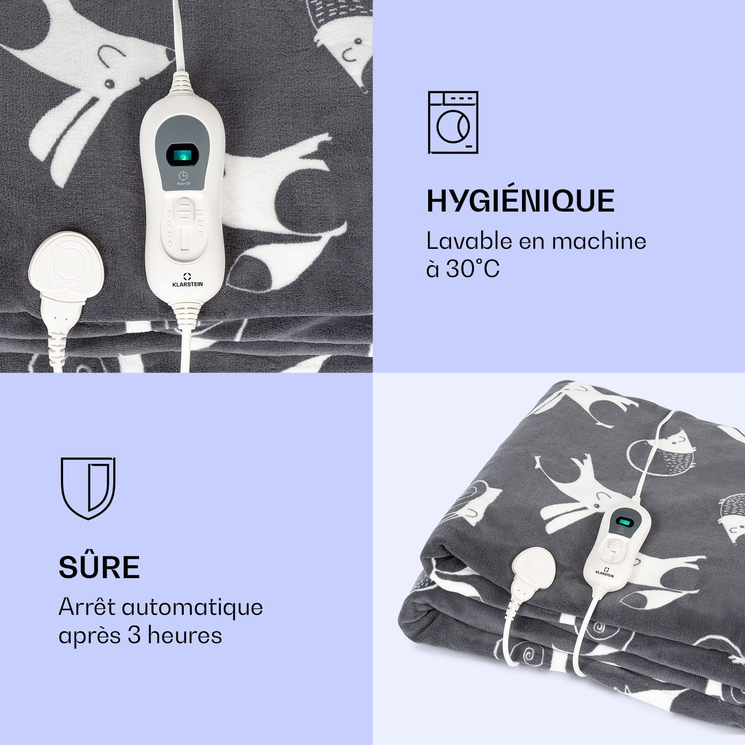 Dr. Watson XXL Couverture électrique 3 niveaux de puissance lavable 200 x 180cm Coral Fleece Anthracite À Motifs | XXL