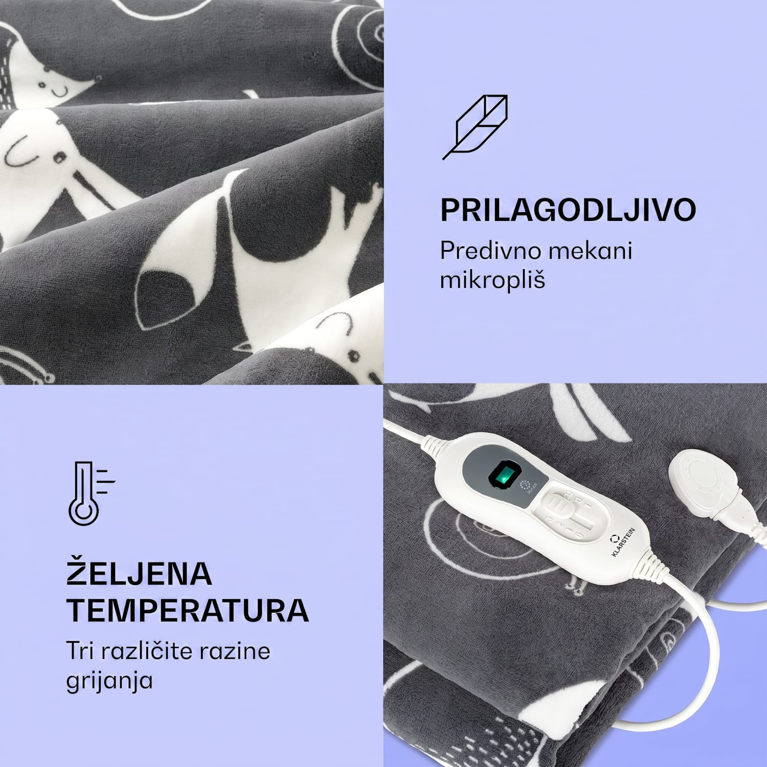 Dr. Watson XXL, električna grijaća deka, 120 W, 200 x 180 cm, koraljno runo, antracit, životinje Anthracite Patterned | XXL