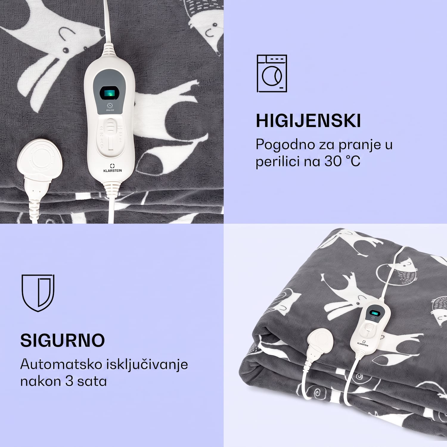 Dr. Watson XXL, električna grijaća deka, 120 W, 200 x 180 cm, koraljno runo, antracit, životinje Anthracite Patterned | XXL