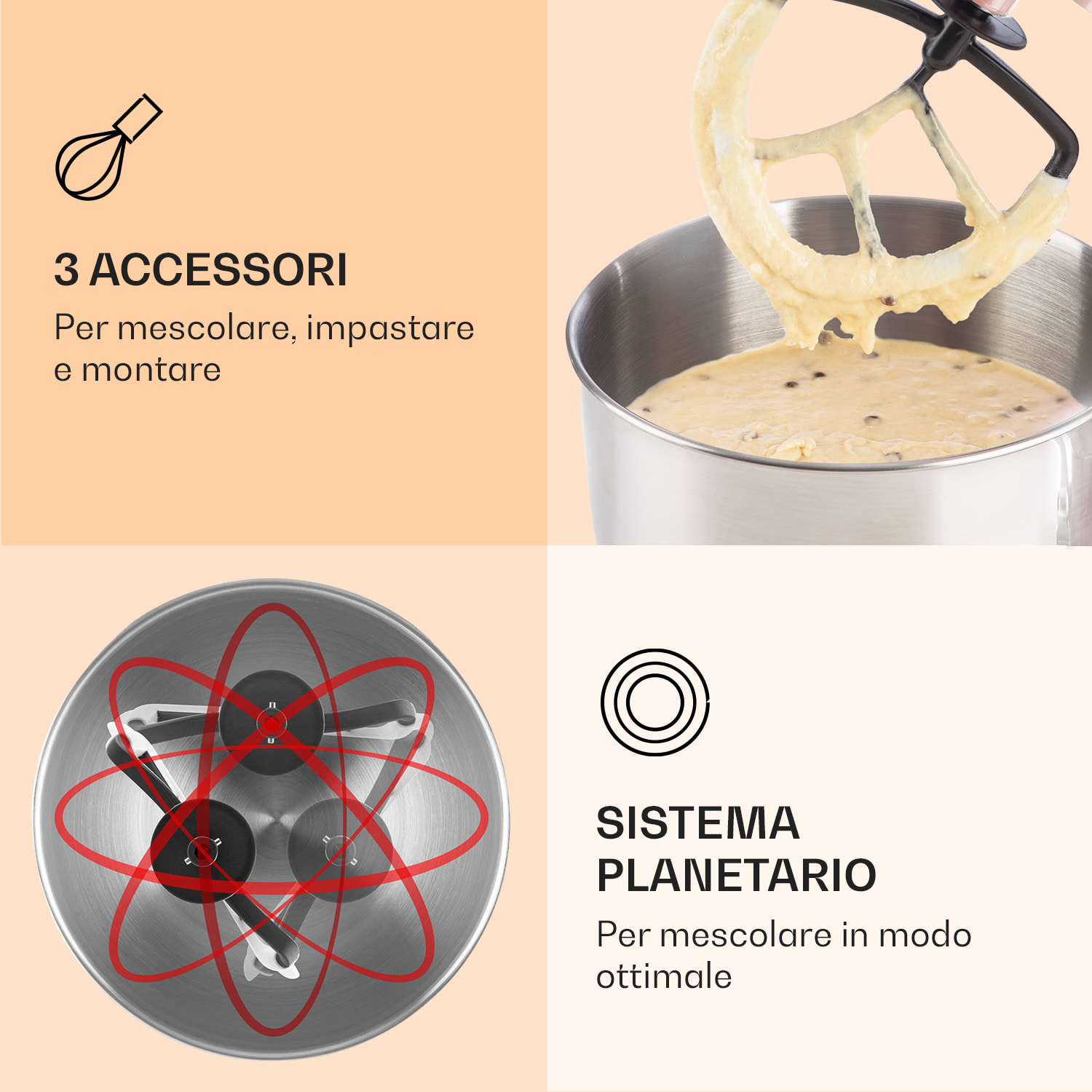 Bella Elegance Robot da cucina 1800 W/2,7 CV 5,2 litri acciaio inox senza BPA Rosa tenue