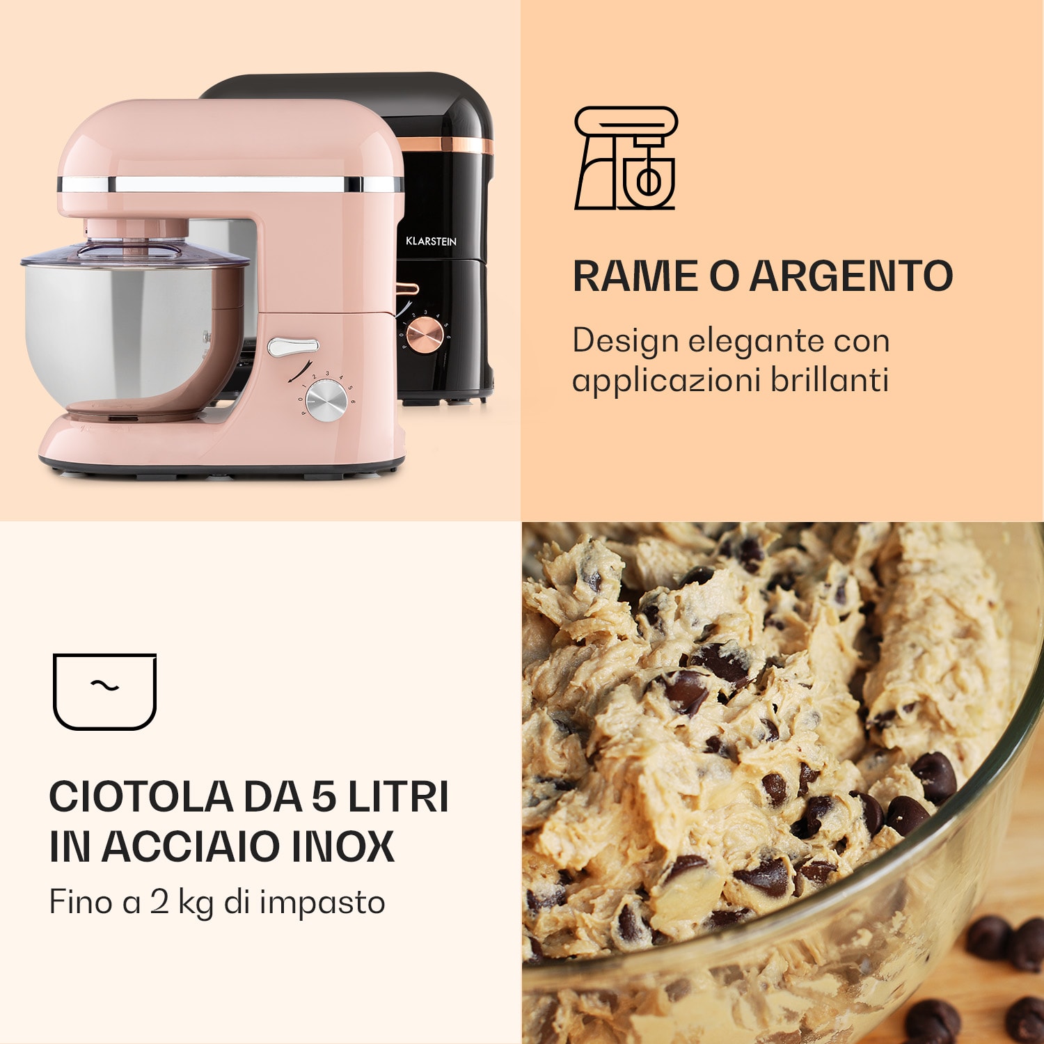 Bella Elegance Robot da cucina 1800 W/2,7 CV 5,2 litri acciaio inox senza BPA Rosa tenue