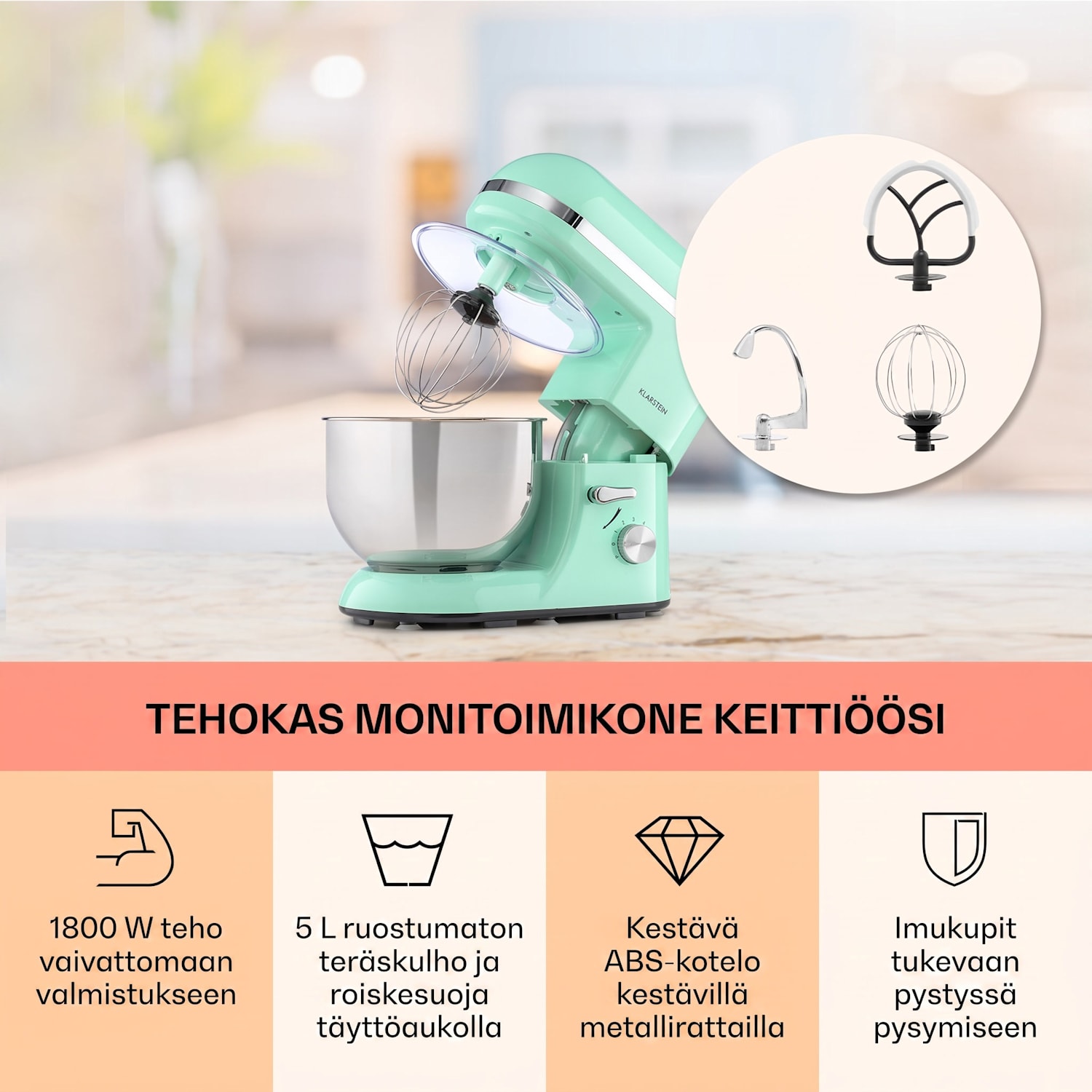 Bella Elegance -yleiskone 1800 W / 2,7 hv / 5 litraa ruostumaton teräs BPA-vapaa Minttu