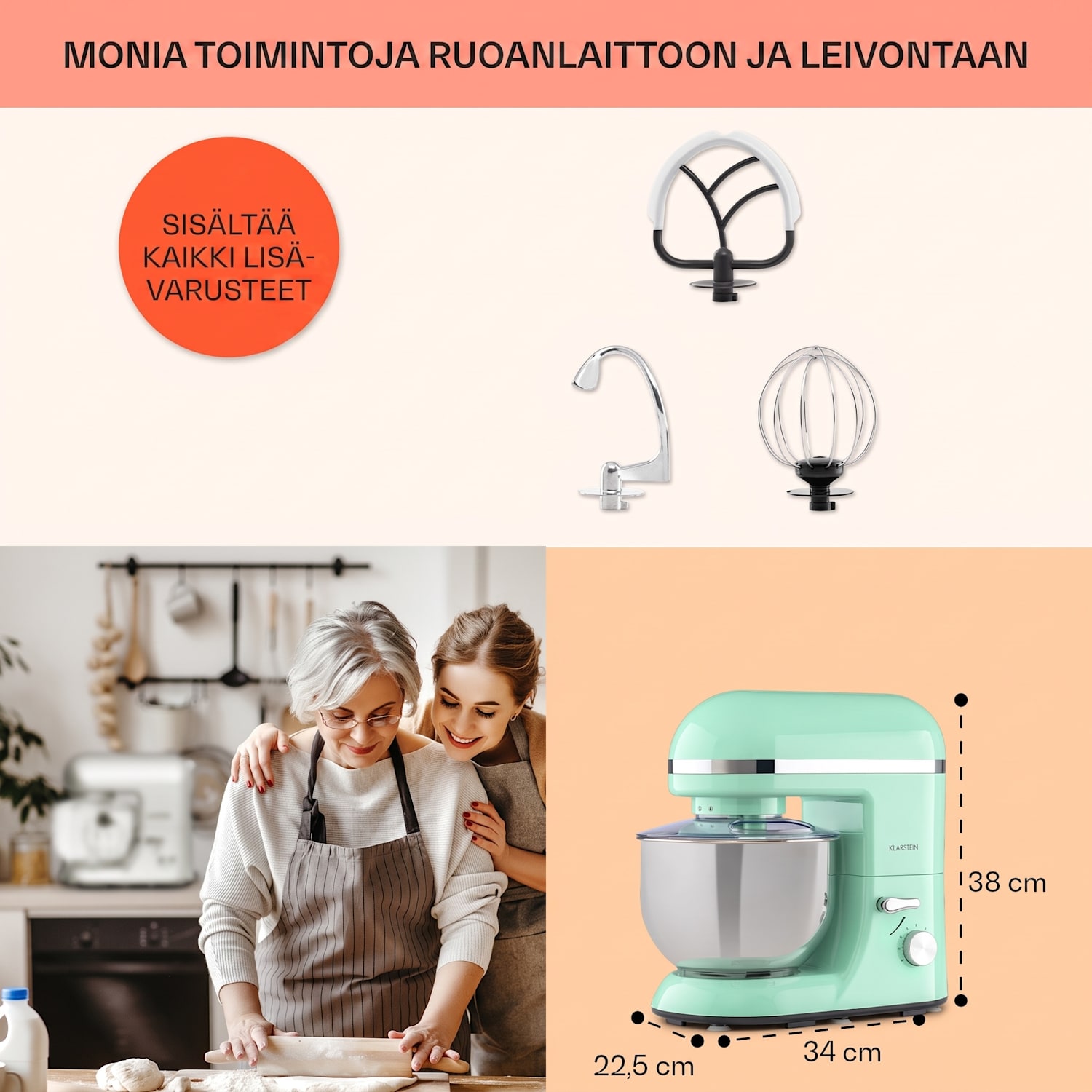 Bella Elegance -yleiskone 1800 W / 2,7 hv / 5 litraa ruostumaton teräs BPA-vapaa Minttu