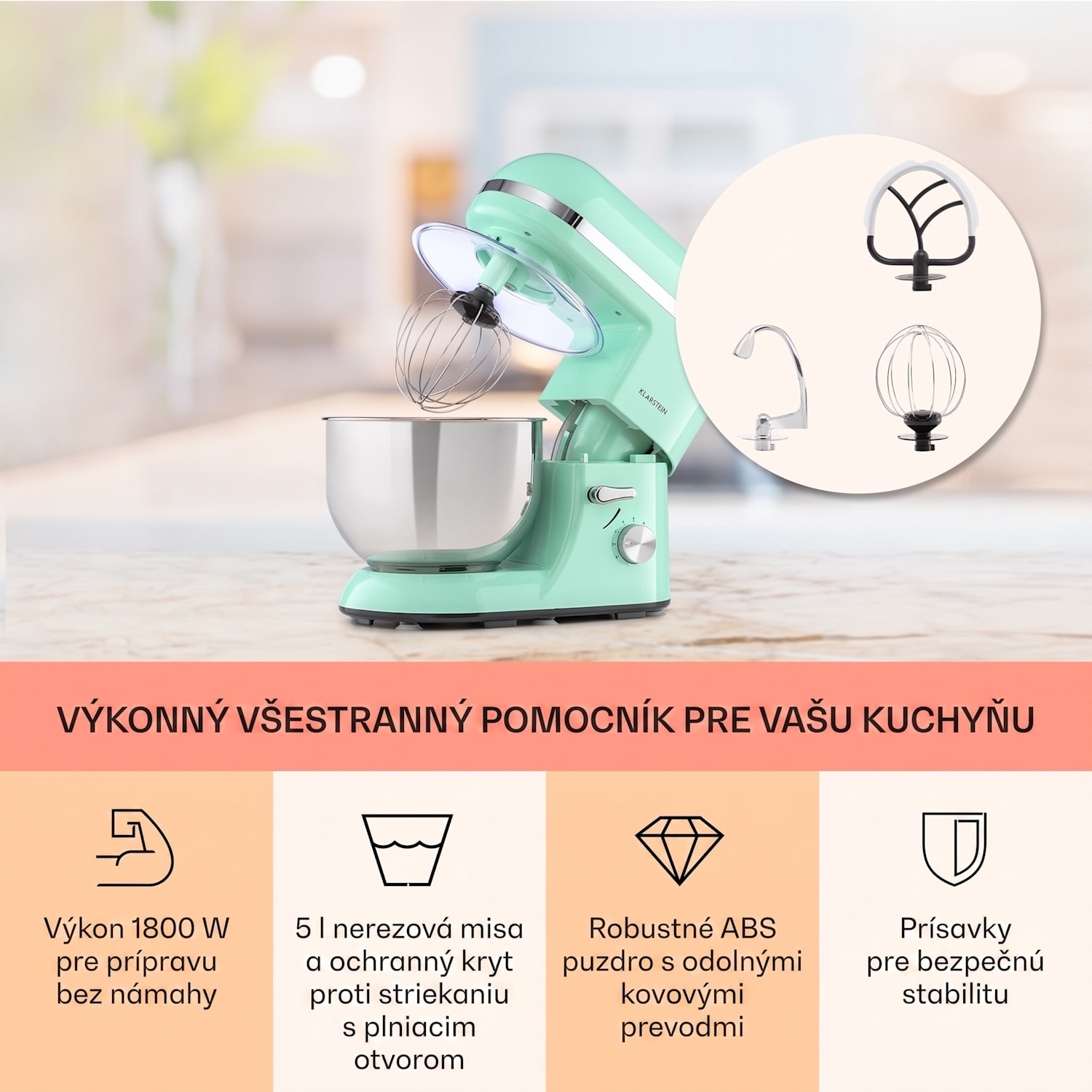 Bella Elegance, kuchynský robot, 1800 W, 1,7 PS, 6 stupňov, 5 l Mätová
