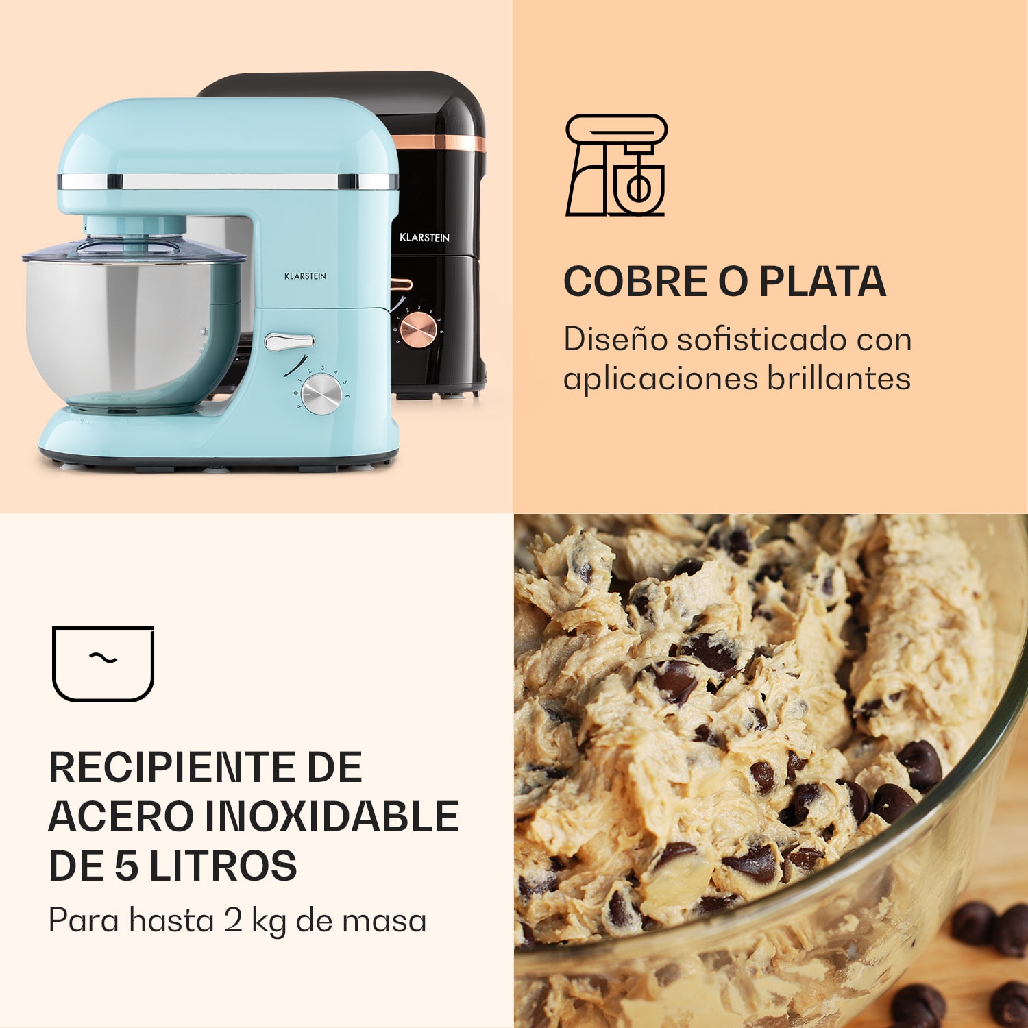Robot de cocina Bella Elegance 1800 vatios / 2,7 CV / 5,2 litros, acero inoxidable, sin BPA Aguamarina