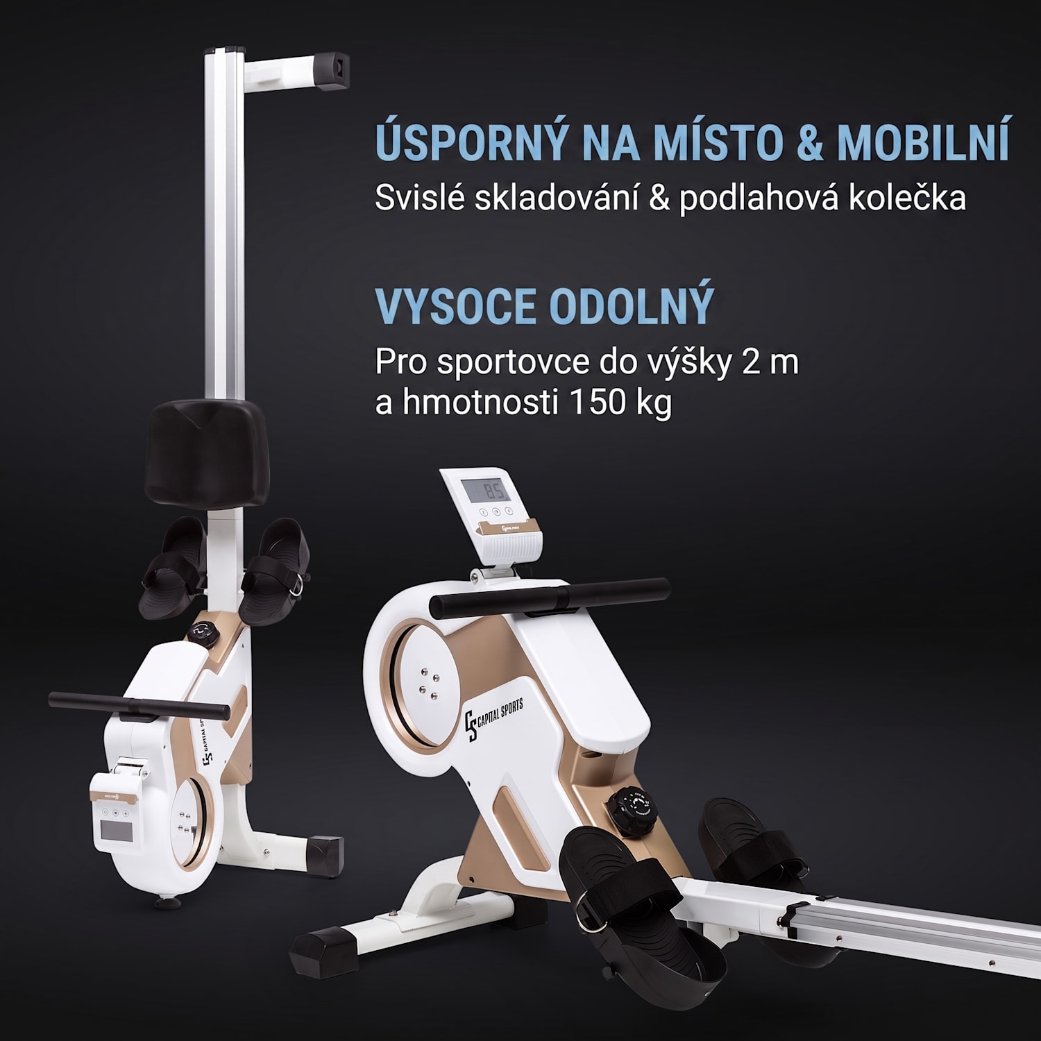 Stream M1, magnetický veslovací trenažér, 105 cm, LCD displej, 8 úrovní, hliník Šampaňské/bílá