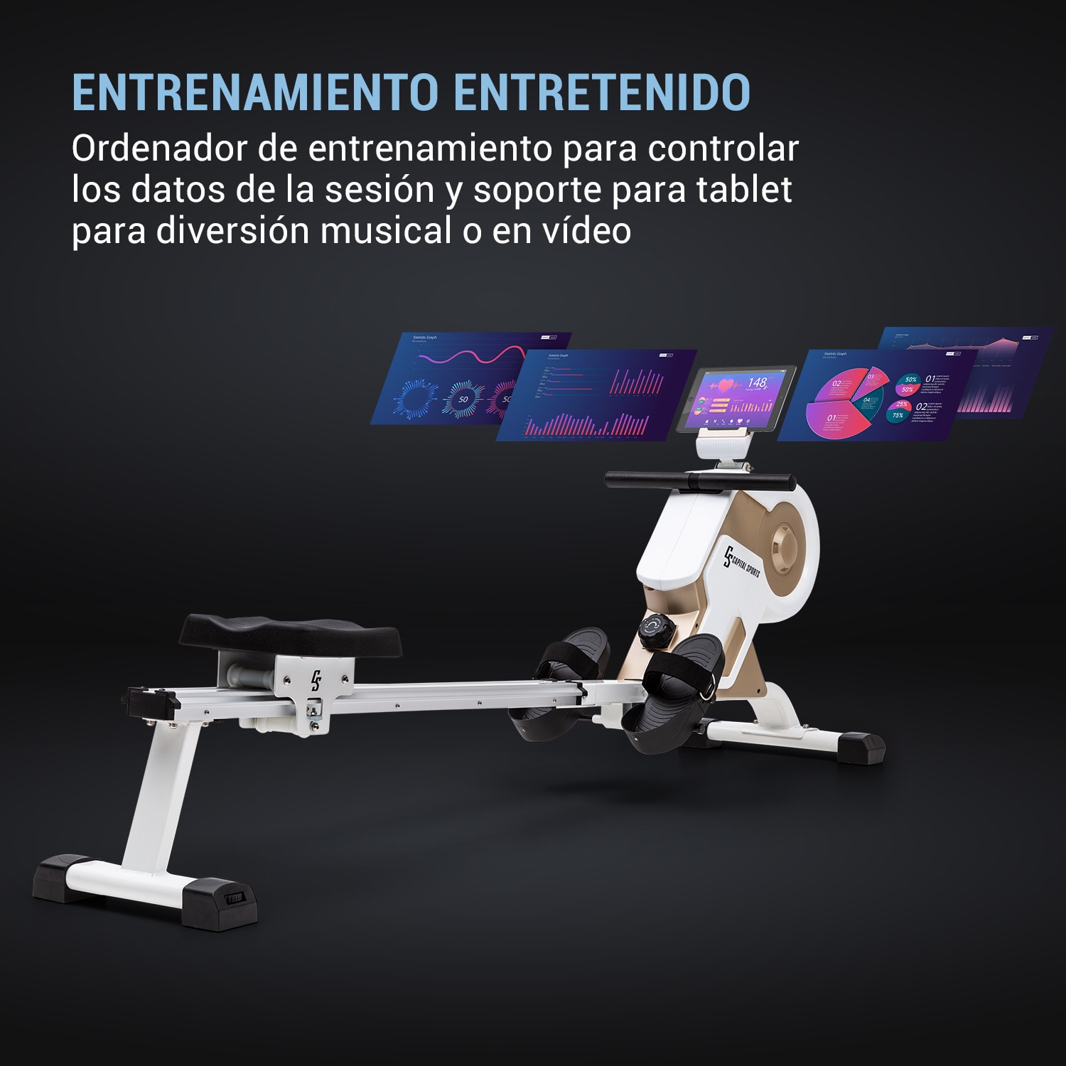 Stream M1 Máquina de remo magnético 105 cm Pantalla LCD 8 niveles Aluminio Champán/Blanco