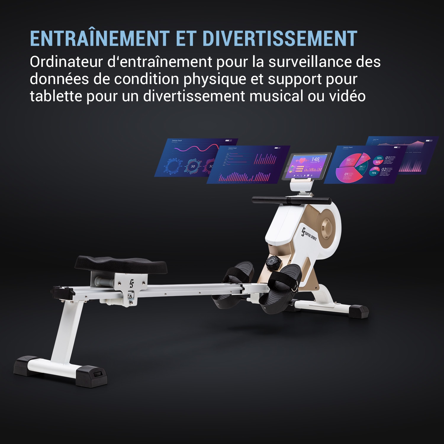 Stream M1 magneet roeitrainer 105 cm LC-display 8 niveaus aluminium Champagne/Wit