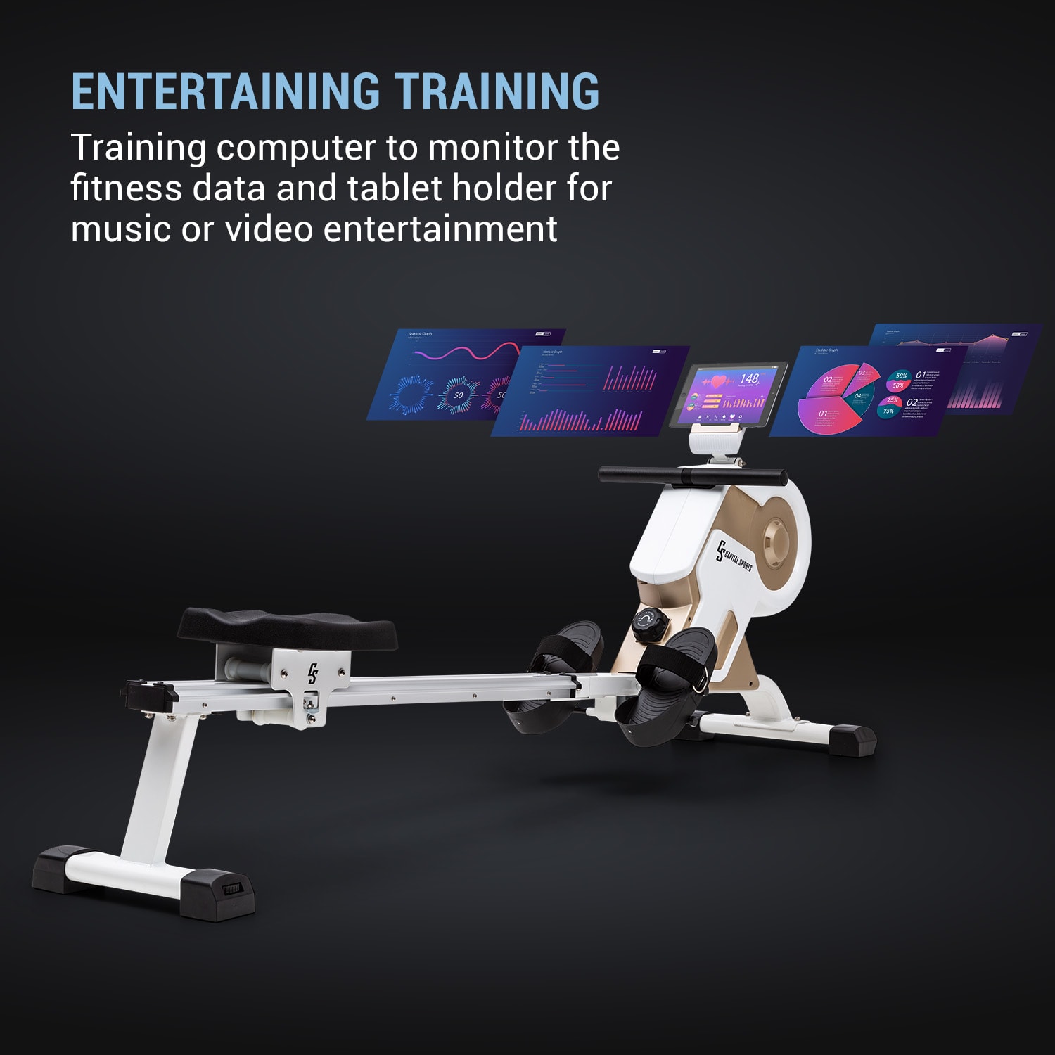 Stream M1, magnetický veslovací trenažér, 105 cm, LCD displej, 8 úrovní, hliník Šampaňské/bílá