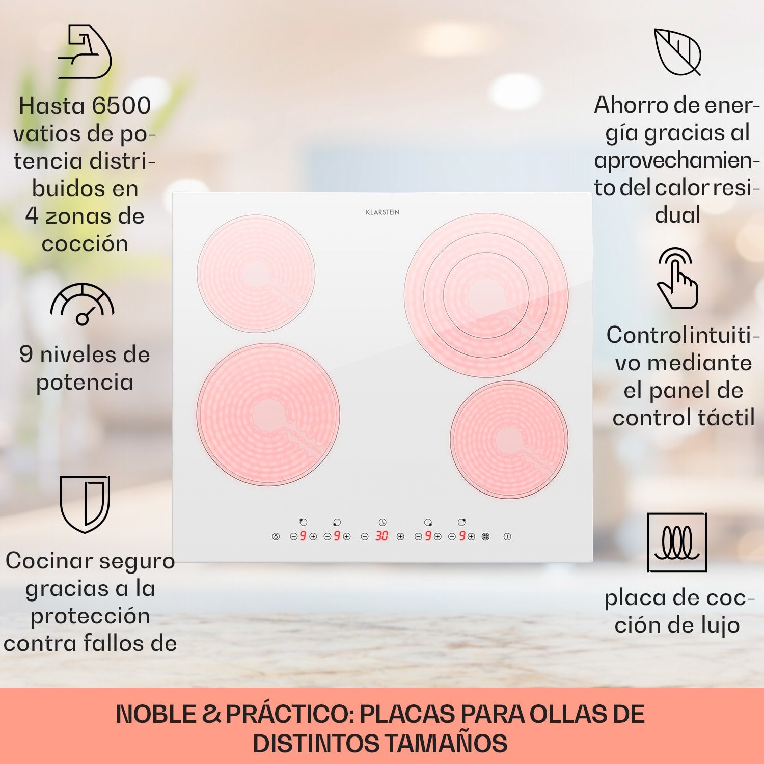 Placa de cocción empotrada Virtuosa 4 Prime  4 zonas 6500W vitrocerámica Vidrio Blanco