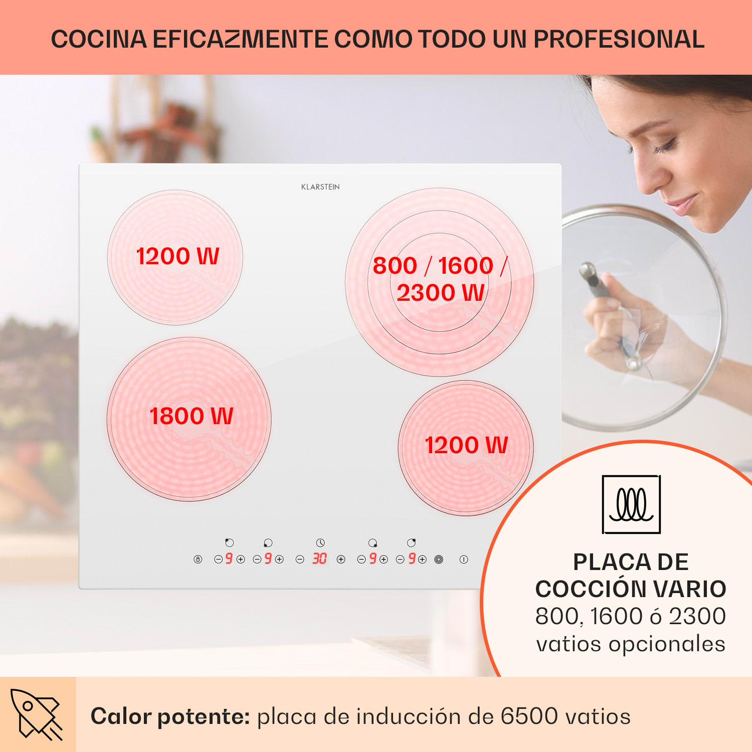 Placa de cocción empotrada Virtuosa 4 Prime  4 zonas 6500W vitrocerámica Vidrio Blanco