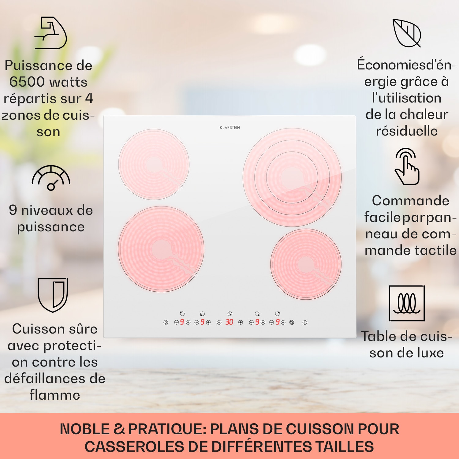 Virtuosa 4 table de cuisson encastrée 4 zones 6500 W vitrocéramique Verre Blanc